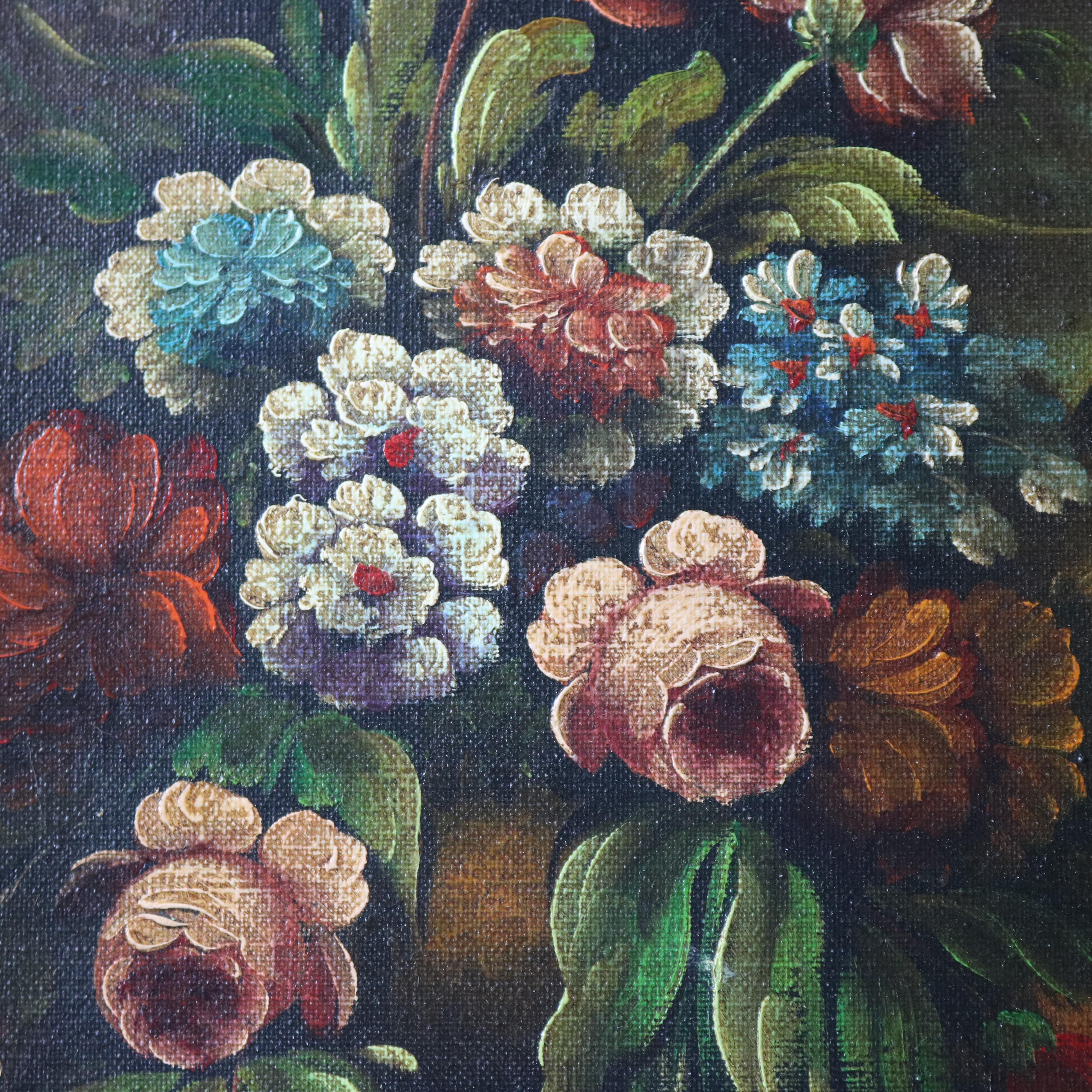 An antique Continental floral still life depicts garden flowers in tabletop vase, artist signed lower right Perry, seated in giltwood frame, c1890

Measures - overall 22