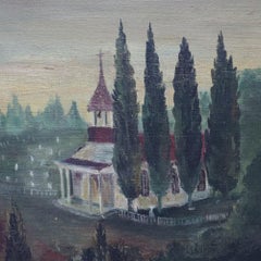 Antique Oil On Canvas Folk Art Painting Of A Rustic Country River Village c1890