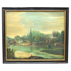 Antique Oil On Canvas Folk Art Painting Of A Rustic Country River Village c1890