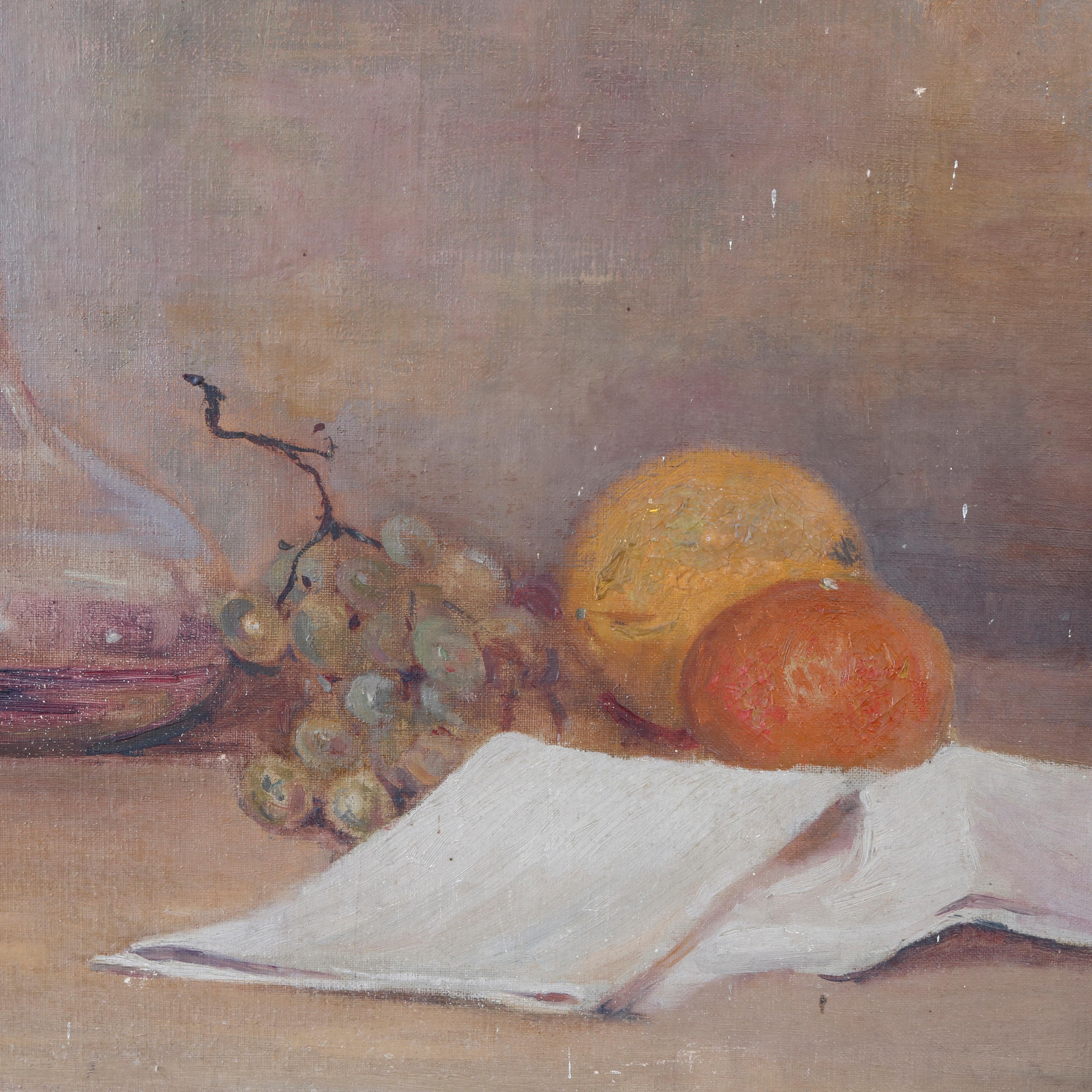 An antique painting by Dora Reese offers oil on canvas still life of fruit and wine on table top, artist signed lower right, seated in giltwood frame, 19th century

Measures: 23.5