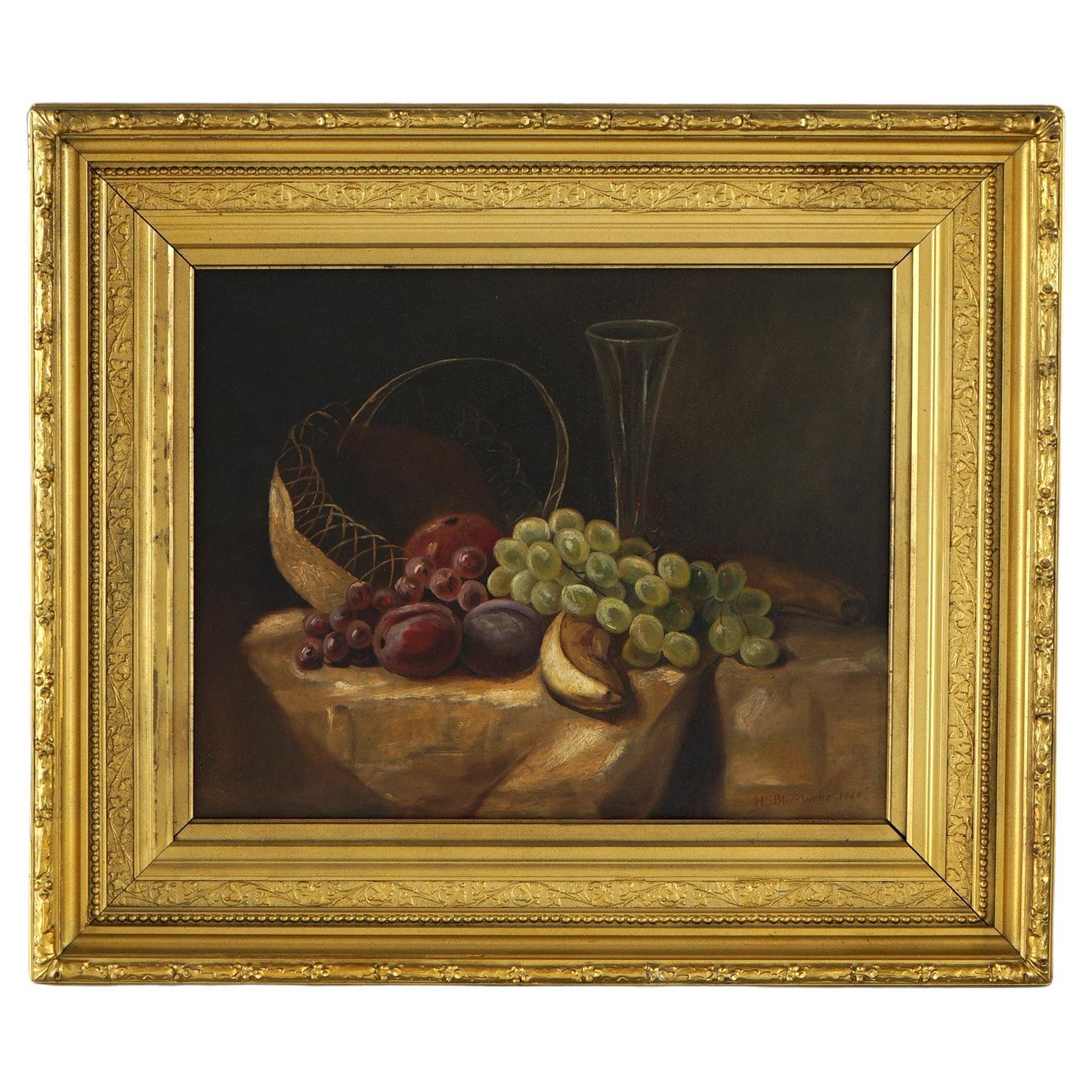 Huile ancienne sur toile Nature morte aux fruits signée par H.S. Blackburne C1880