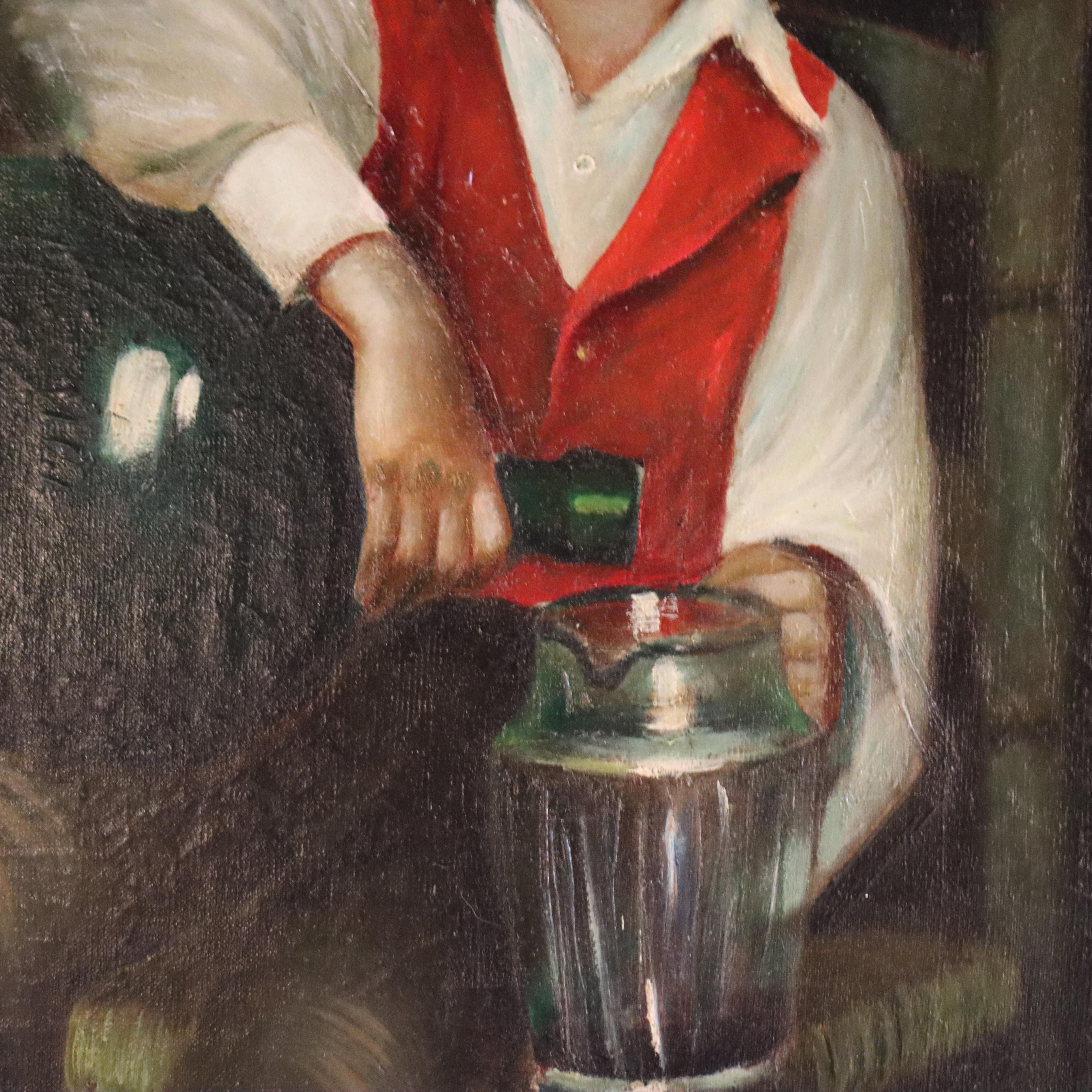 Antikes Öl auf Leinwand Genrebild eines Jungen, der Wein serviert M. Rossi C1890 im Angebot 3