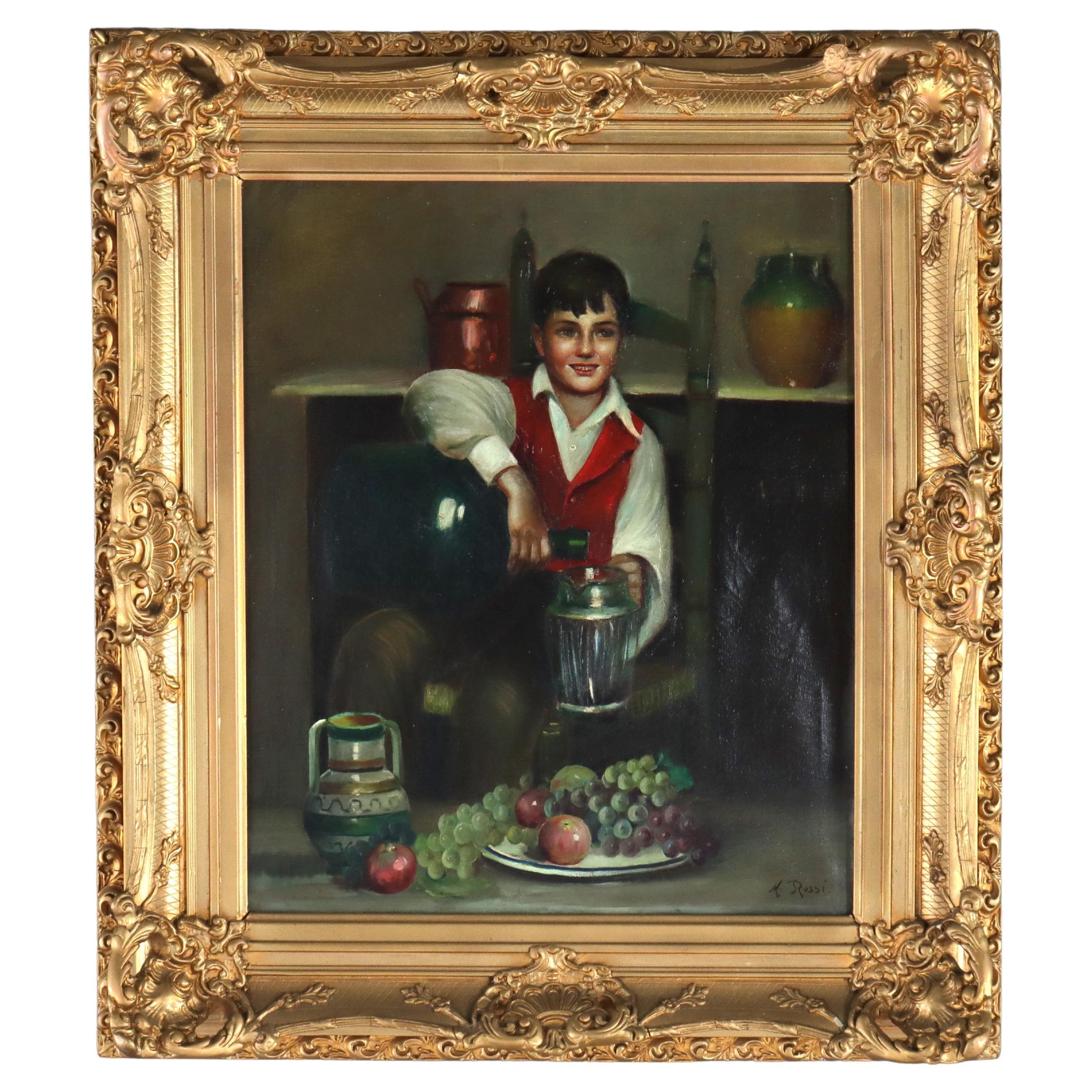 Antique Oil on Canvas Genre Painting of a Boy Serving Wine M. Rossi C1890