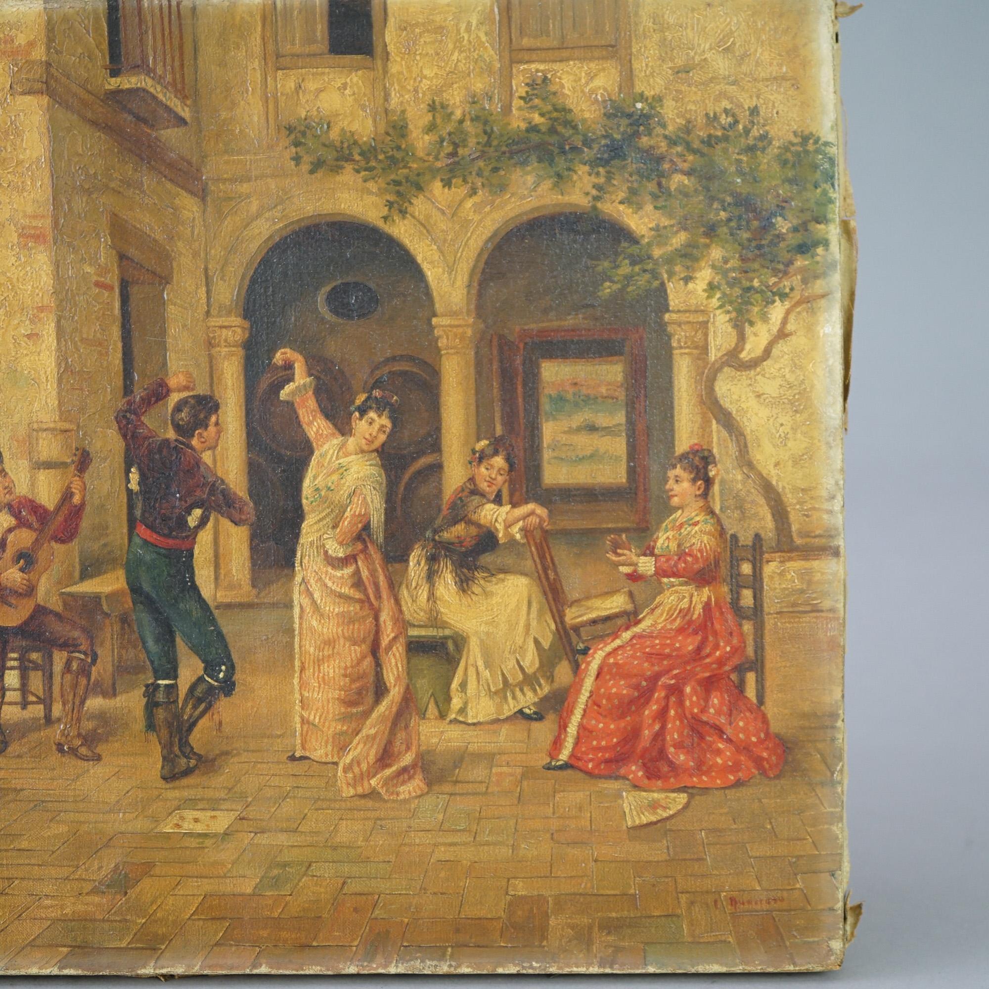 Antique Oil on Canvas Genre Painting of Spanish Courtyard with Dancing, c1920 For Sale 2