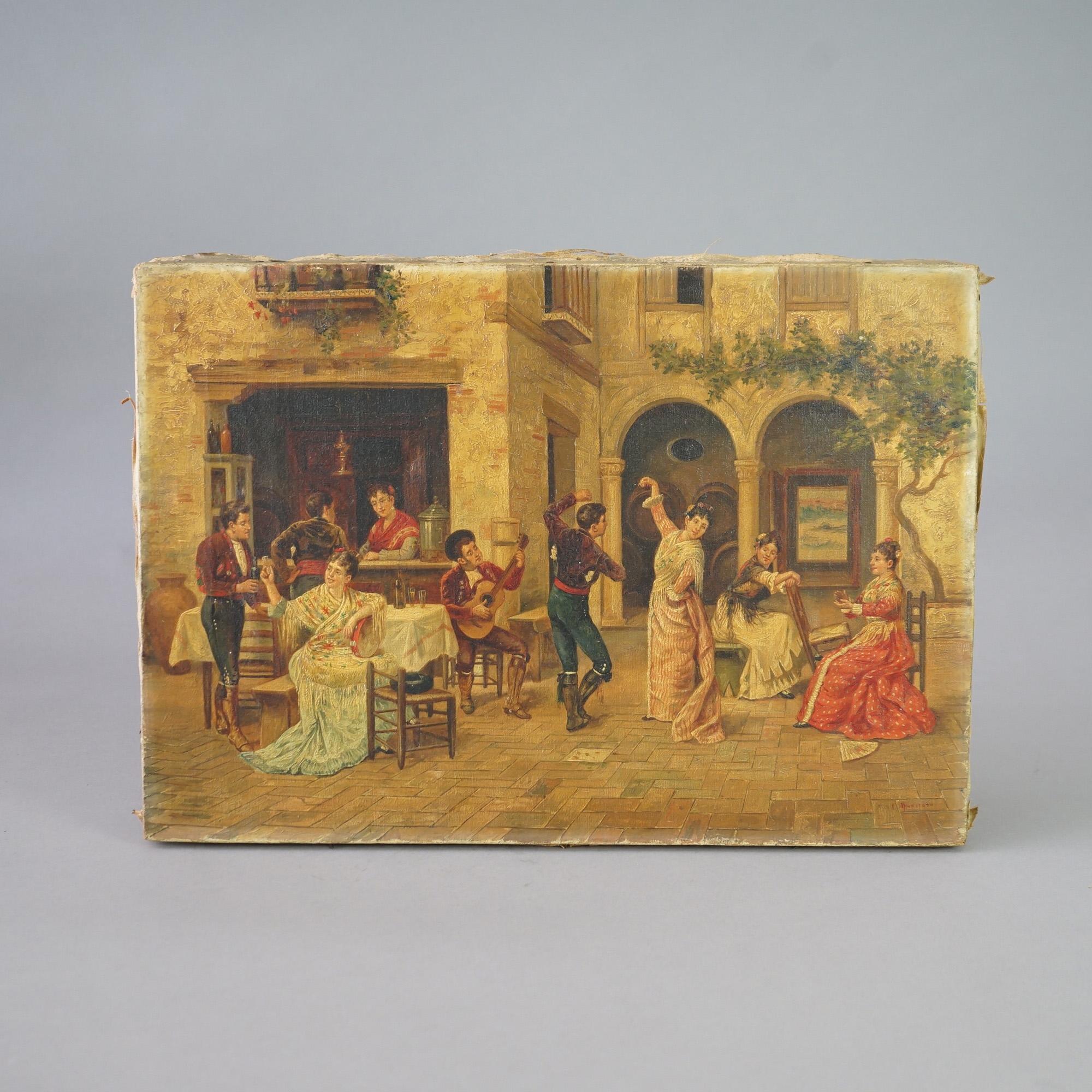An antique painting offers oil on canvas Spanish genre scene with figures dancing in a courtyard, c1920

Measures - 14.5