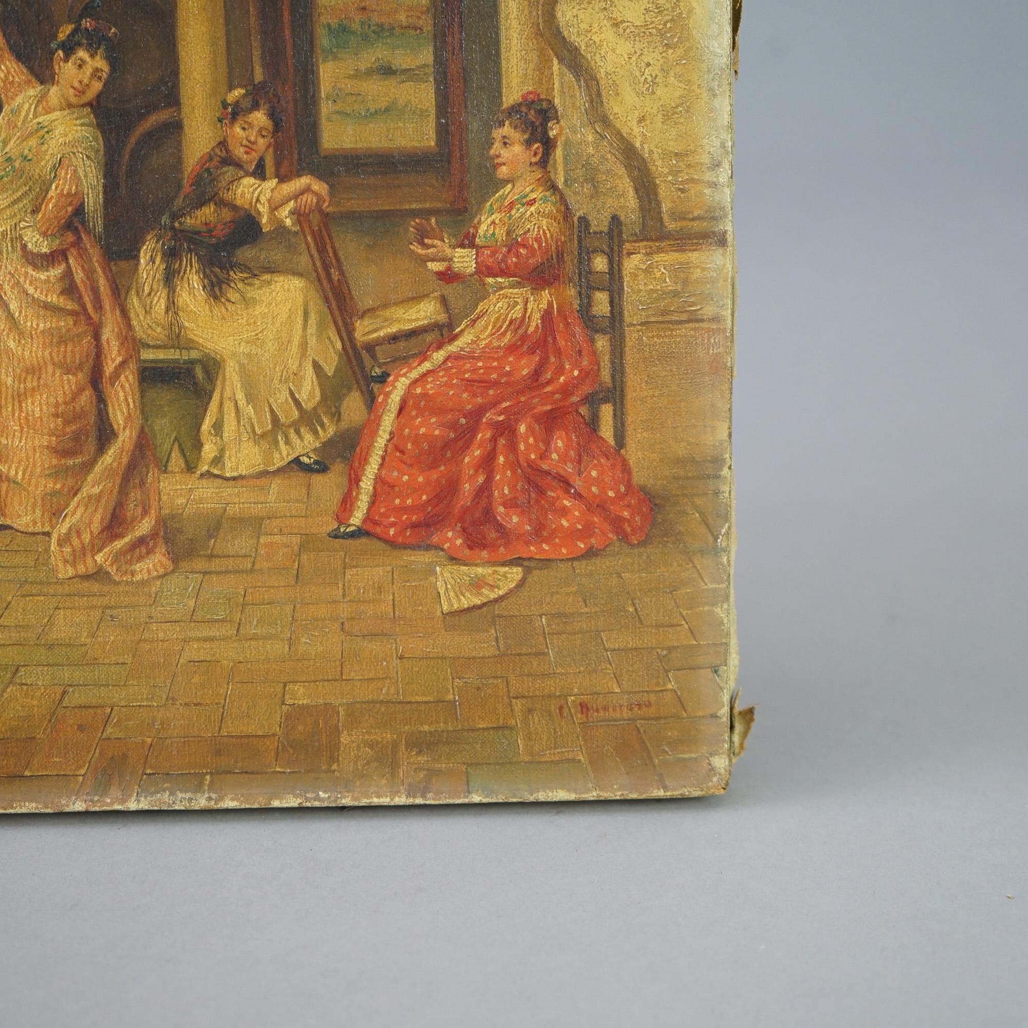Peint à la main Ancienne peinture à l'huile sur toile de genre d'une cour espagnole avec danse, vers 1920 en vente