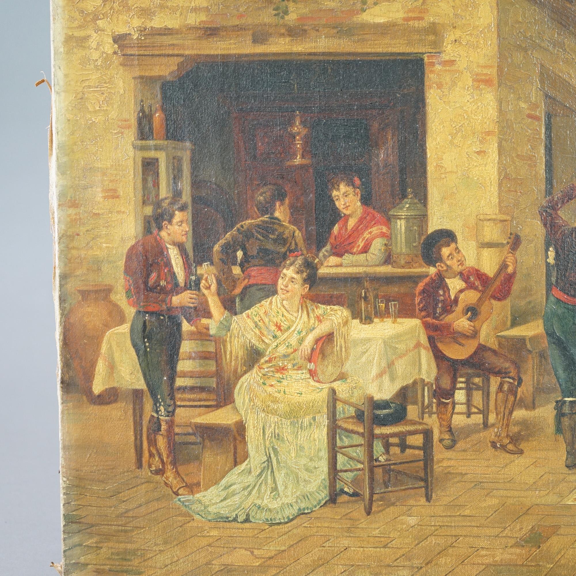 20ième siècle Ancienne peinture à l'huile sur toile de genre d'une cour espagnole avec danse, vers 1920 en vente