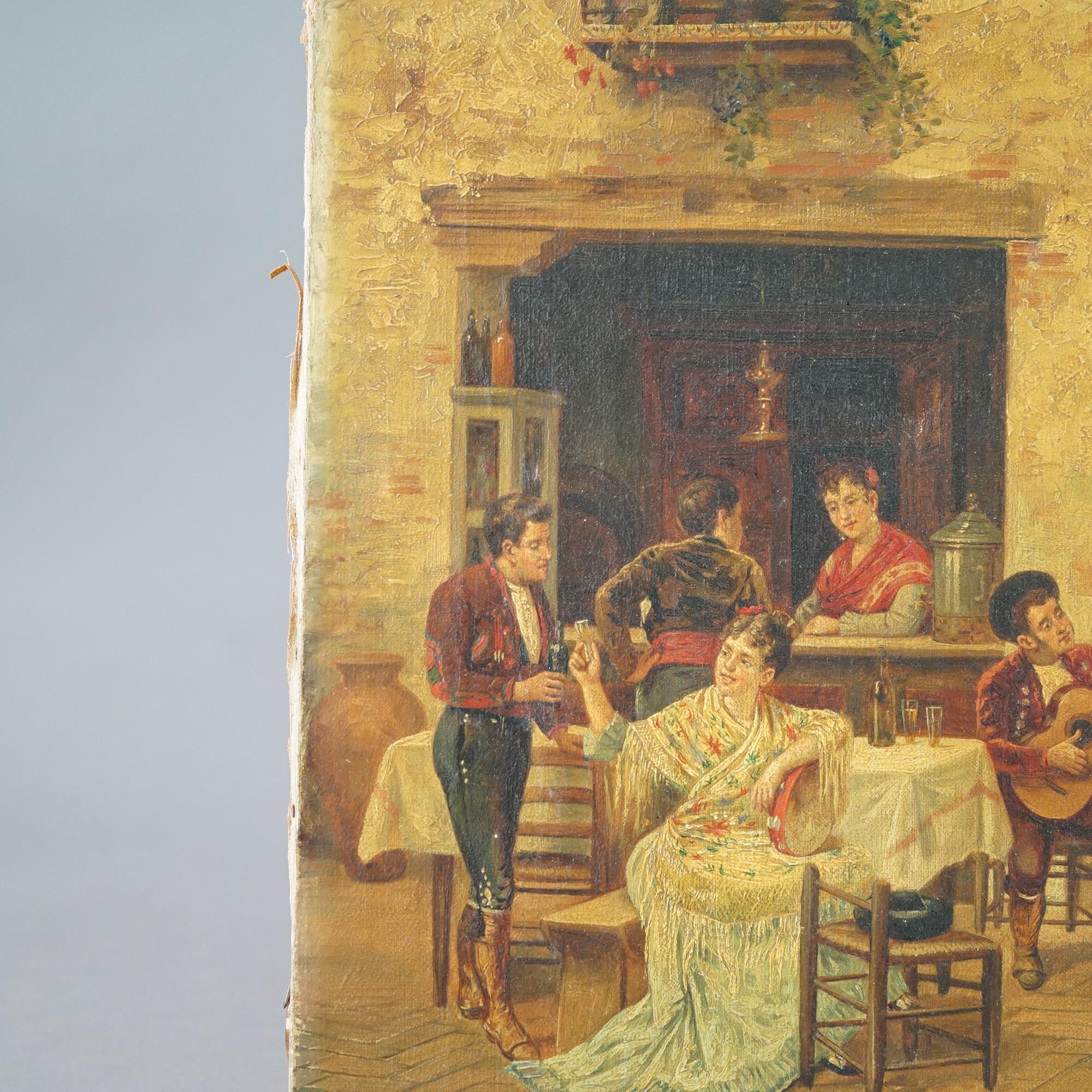 Toile Ancienne peinture à l'huile sur toile de genre d'une cour espagnole avec danse, vers 1920 en vente