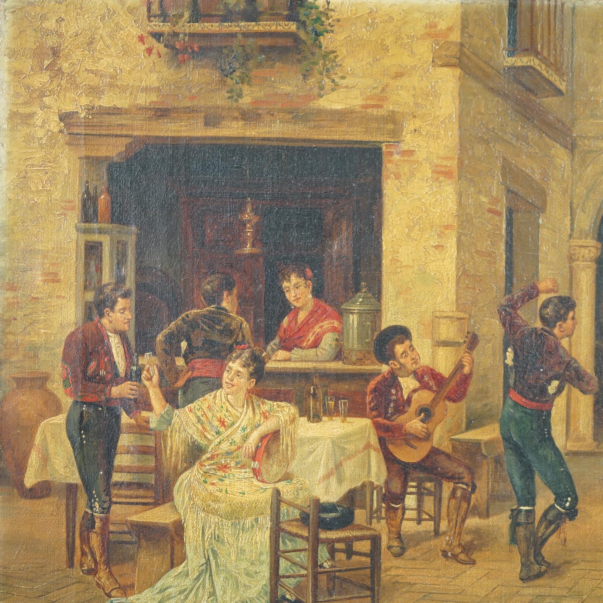 Antique Oil on Canvas Genre Painting of Spanish Courtyard with Dancing, c1920 In Good Condition For Sale In Big Flats, NY