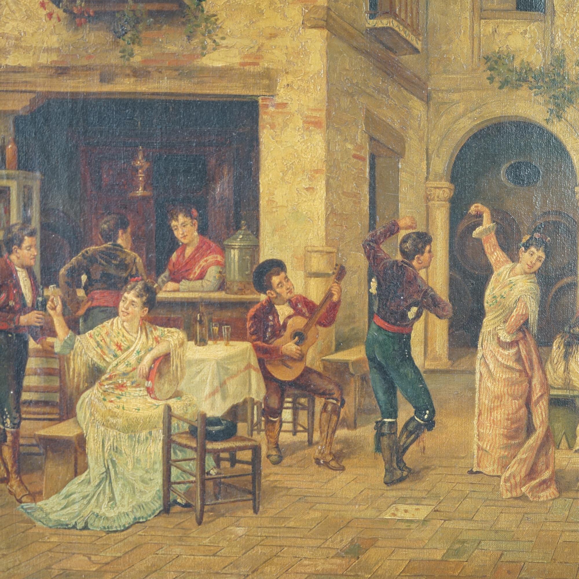 Ancienne peinture à l'huile sur toile de genre d'une cour espagnole avec danse, vers 1920 en vente 2