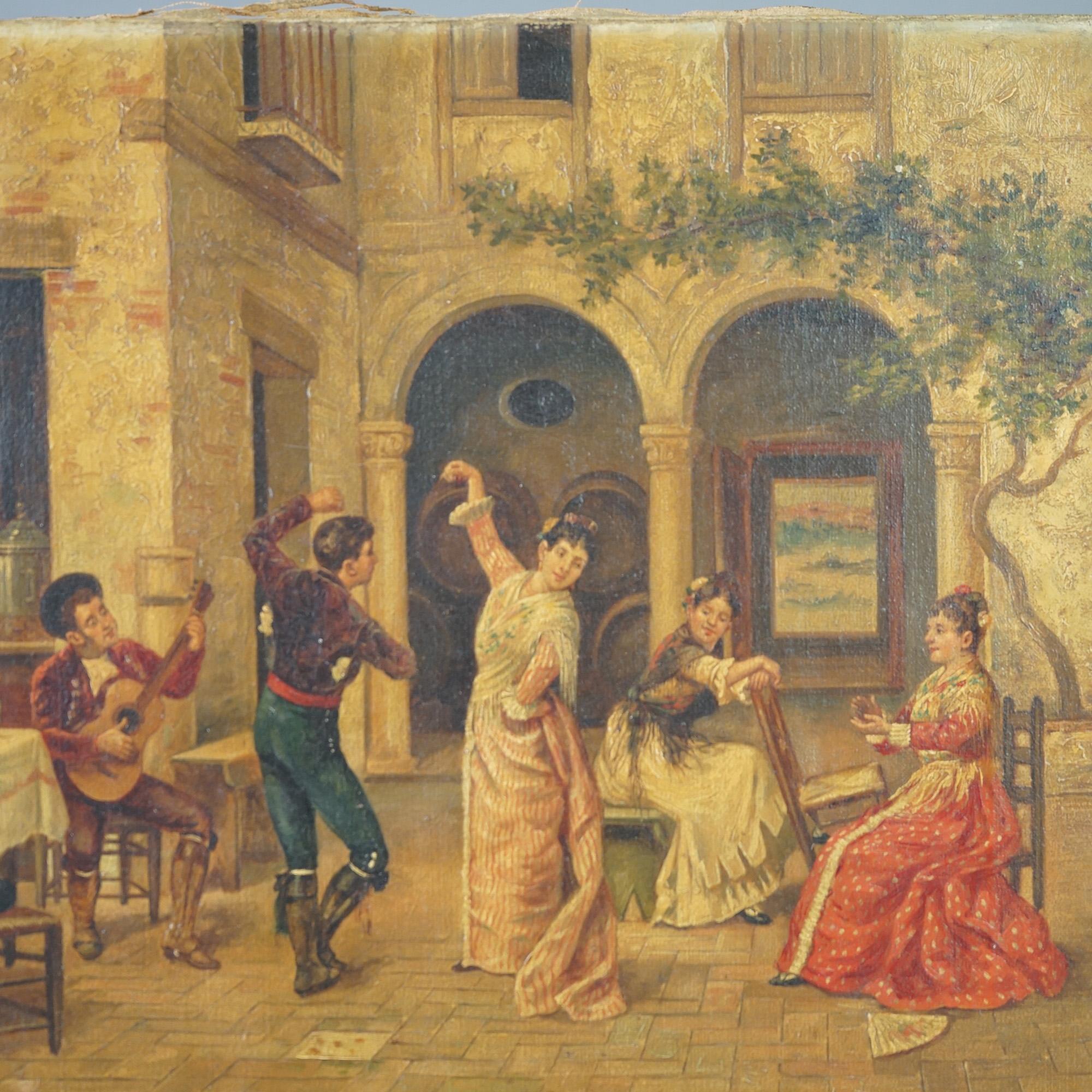 Antique Oil on Canvas Genre Painting of Spanish Courtyard with Dancing, c1920 For Sale 1