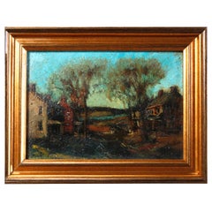 Antique Oil on Canvas Impressionist Painting by W E Baum, The Village circa 1930