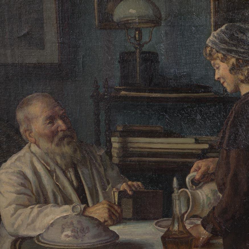 This early 20th century genre scene of a father and daughter in a well furnished period dining room has wonderful detail and balance.  There are slight vertical stretcher marks on the left and right sides, otherwise the canvas is in excellent