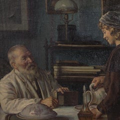 Antique Oil on Canvas Interior Scene of Father and Daughter