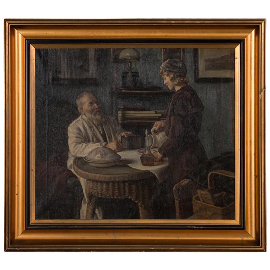 Ancienne huile sur toile - Scène d'intérieur d'un père et d'une fille