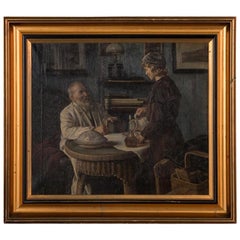 Antique Oil on Canvas Interior Scene of Father and Daughter