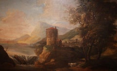 Huile ancienne sur toile - Paysage italien des années 1700 avec personnages