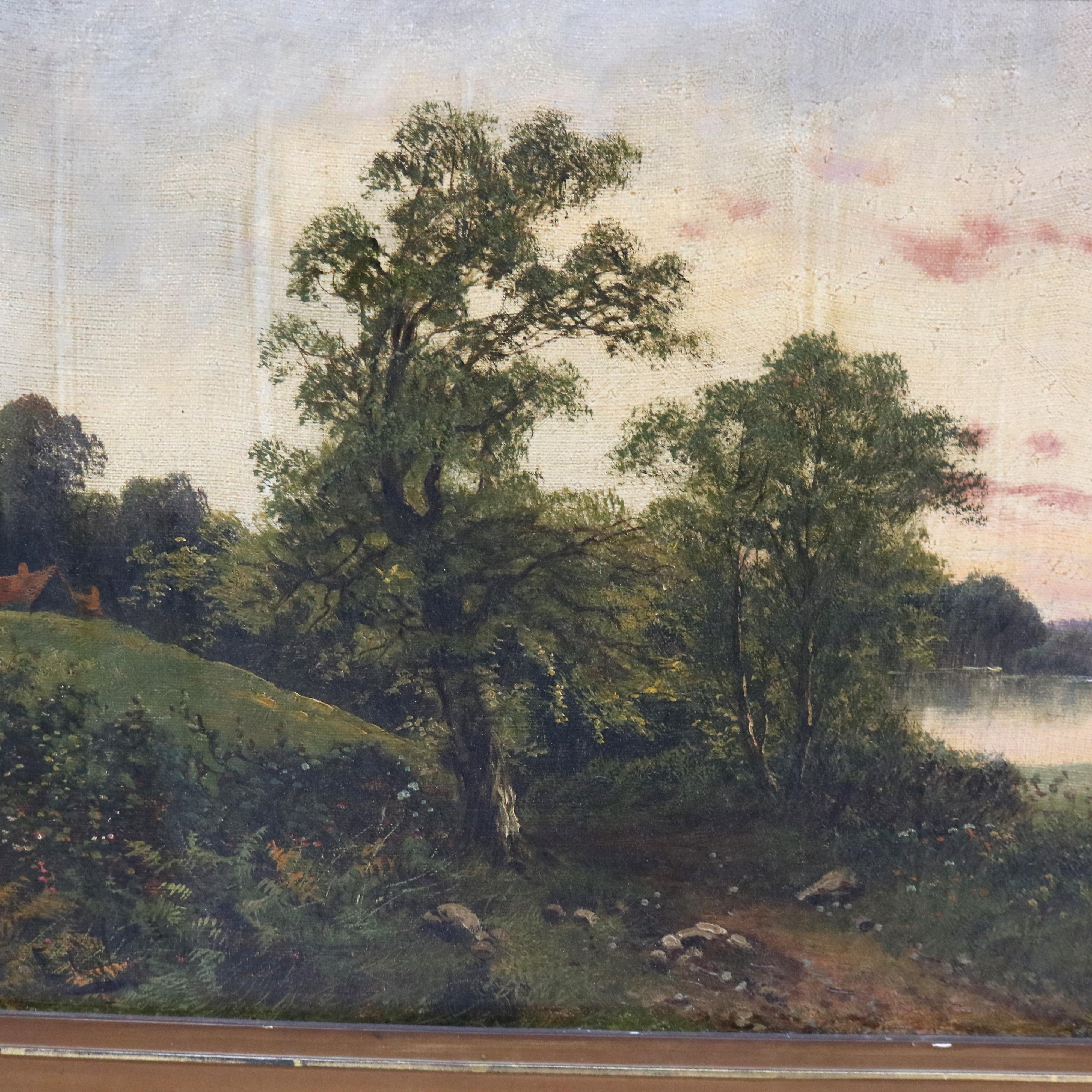 Óleo antiguo sobre lienzo Paisaje Escena de granja C1890 en venta 5