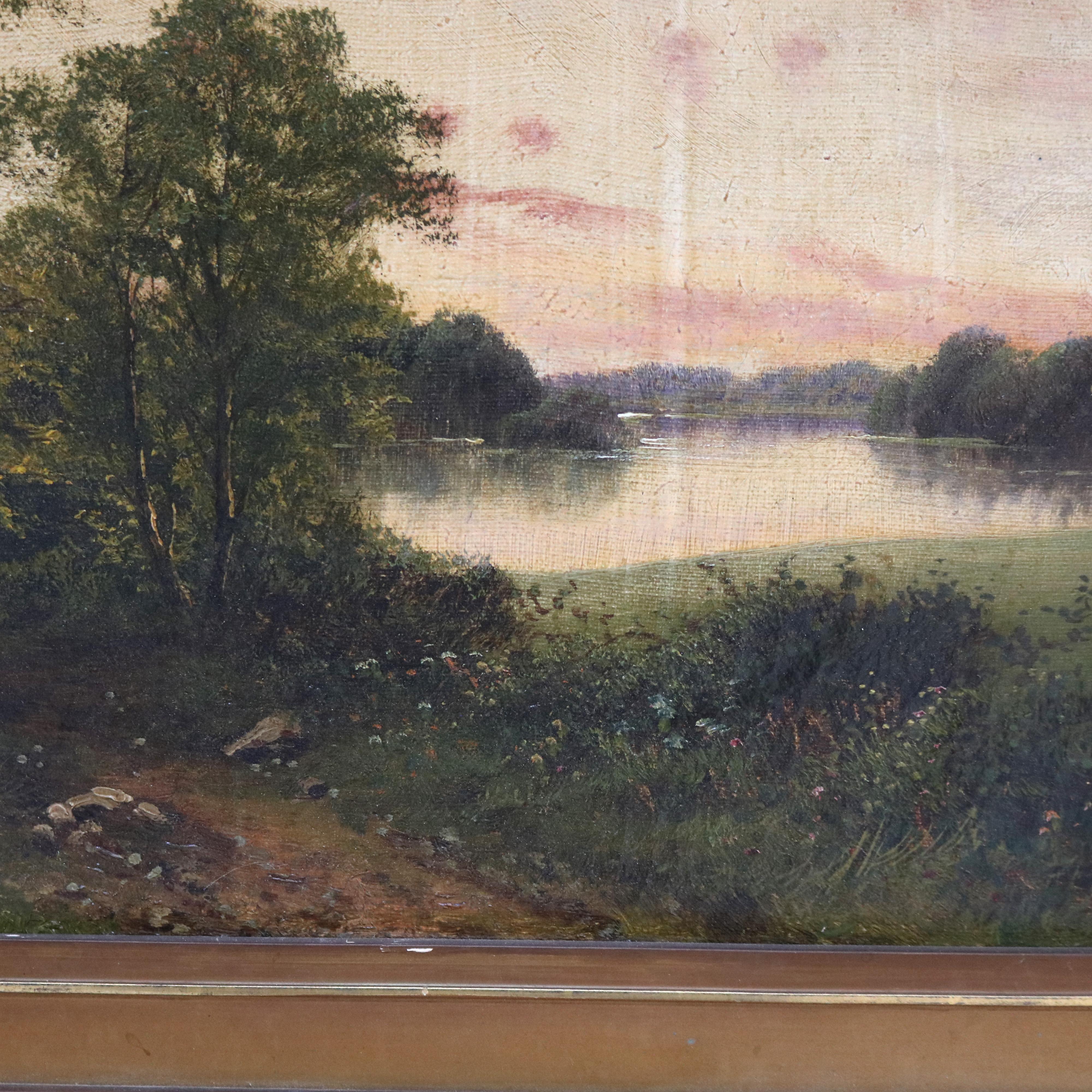 Óleo antiguo sobre lienzo Paisaje Escena de granja C1890 en venta 4