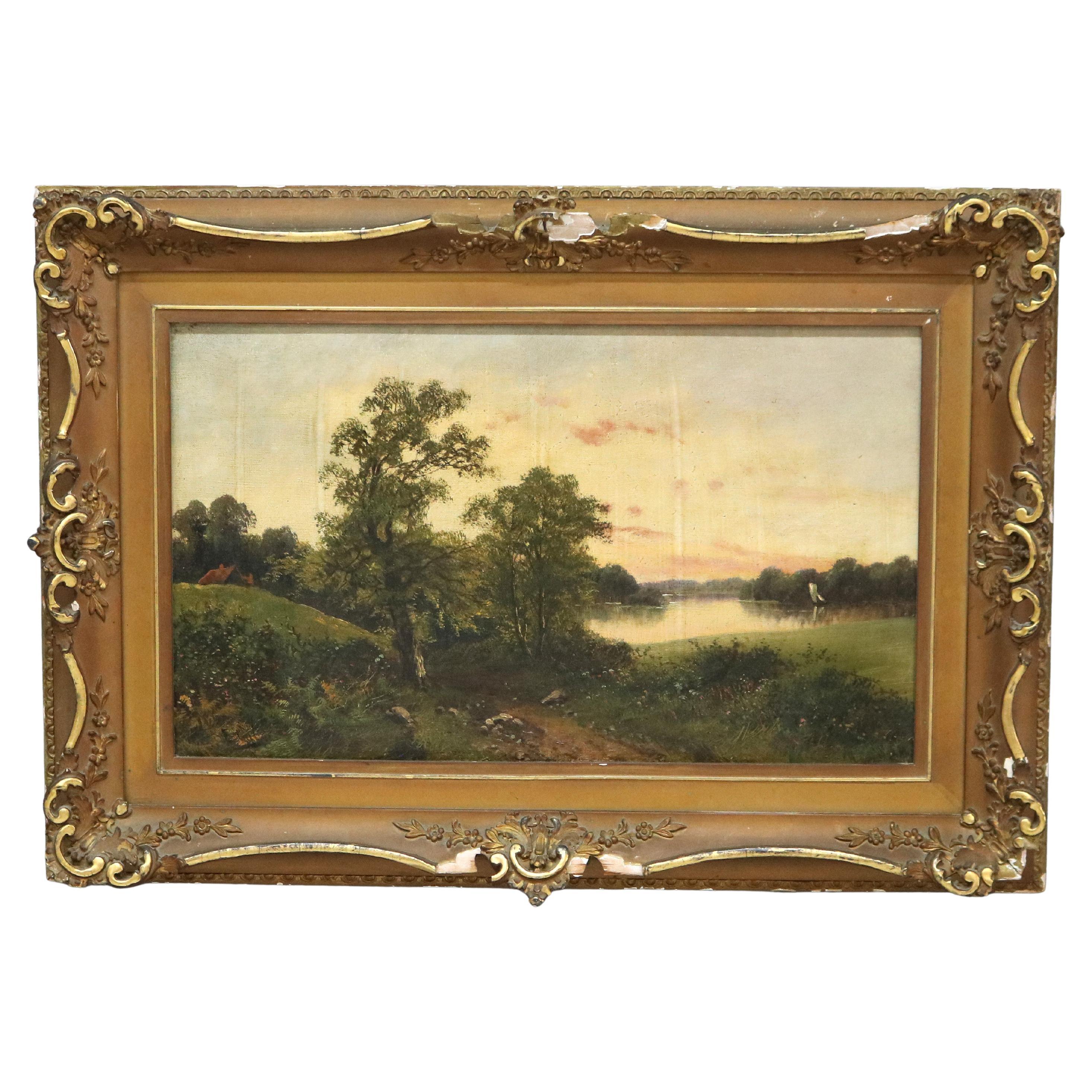 Óleo antiguo sobre lienzo Paisaje Escena de granja C1890