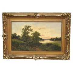Antico olio su tela con paesaggio di fattoria C1890