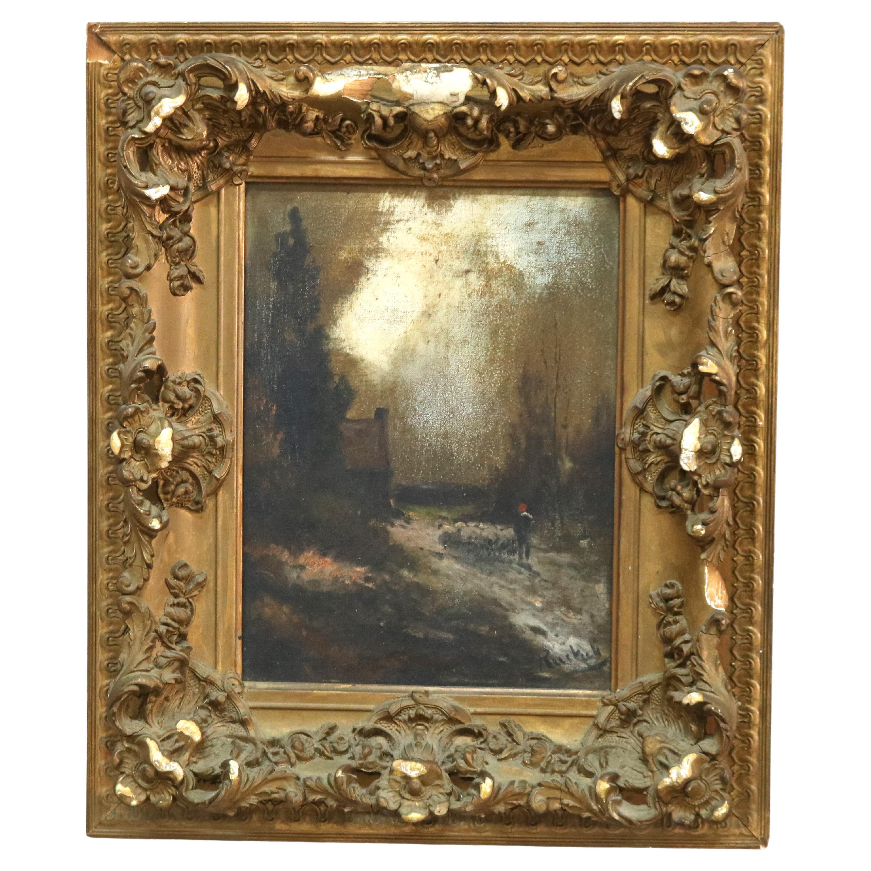 Pintura antigua de paisaje al óleo sobre lienzo, firmada por el artista, C1890