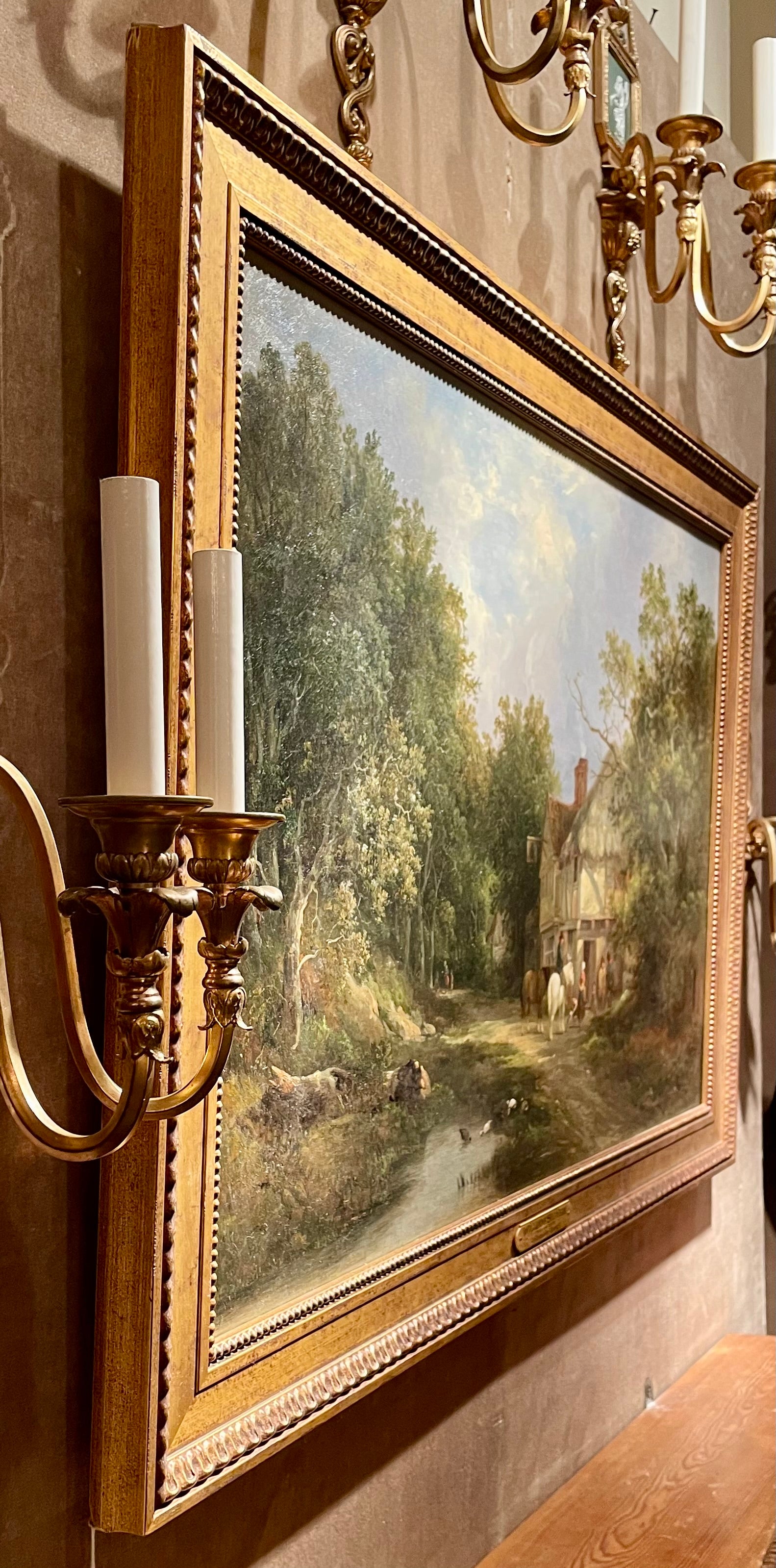 Antico dipinto di paesaggio a olio su tela dell'artista britannico 