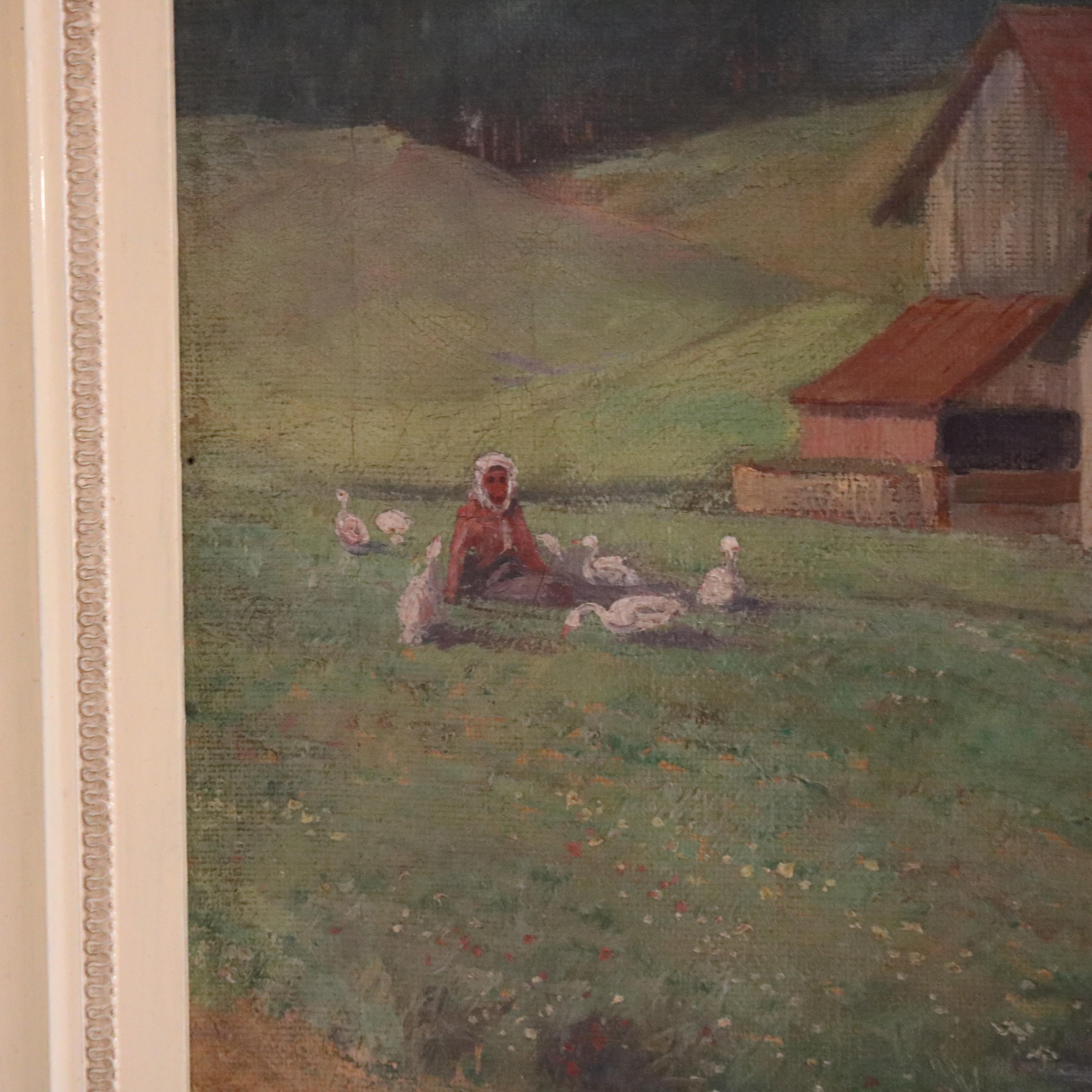 Antikes Landschaftsgemälde, Öl auf Leinwand, Landschaftsgemälde, Bauernssszene, signiert Brecht, 1907 im Angebot 5