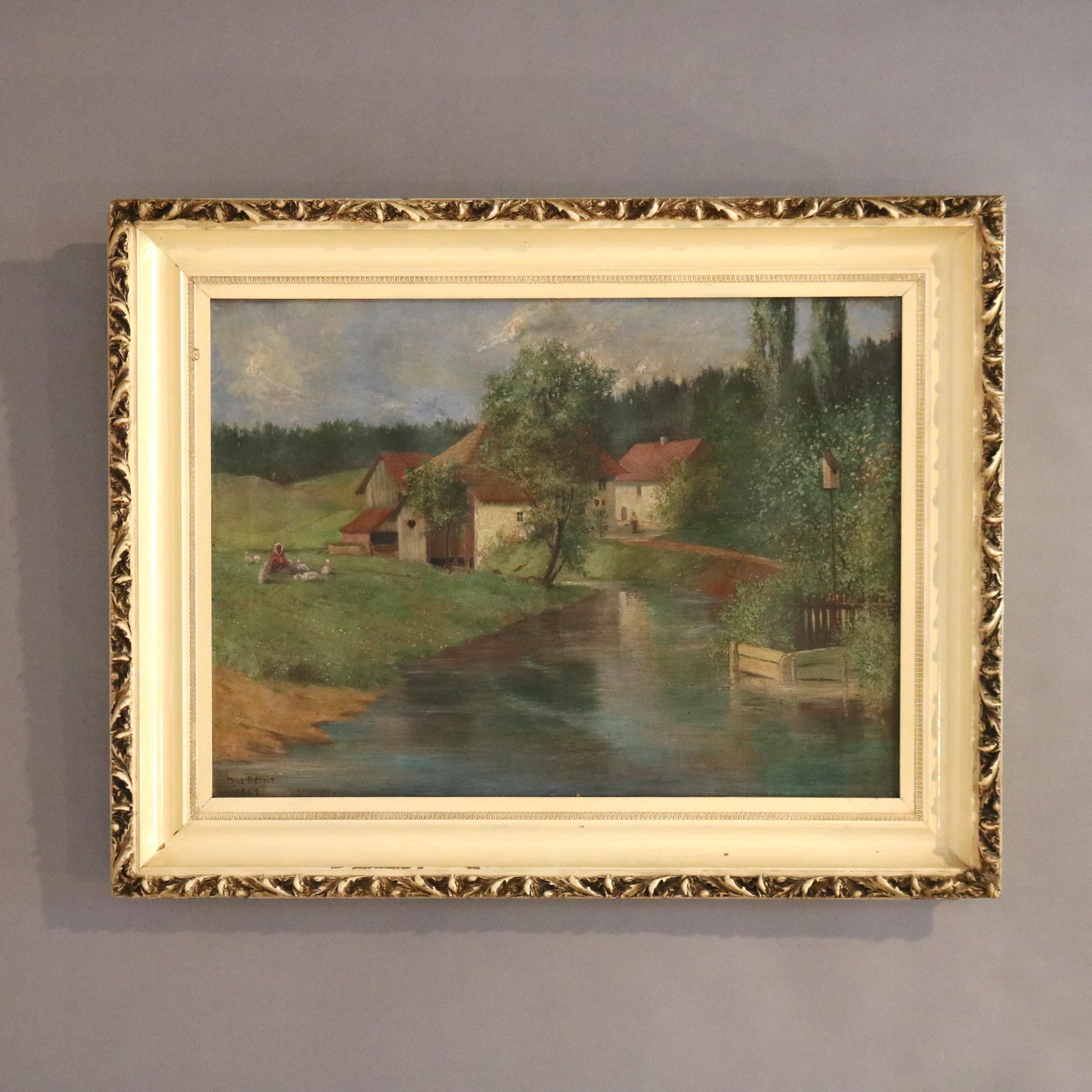 Antique Oil on Canvas Landscape Painting, Farm Scene, Signed Brecht, 1907 For Sale 7