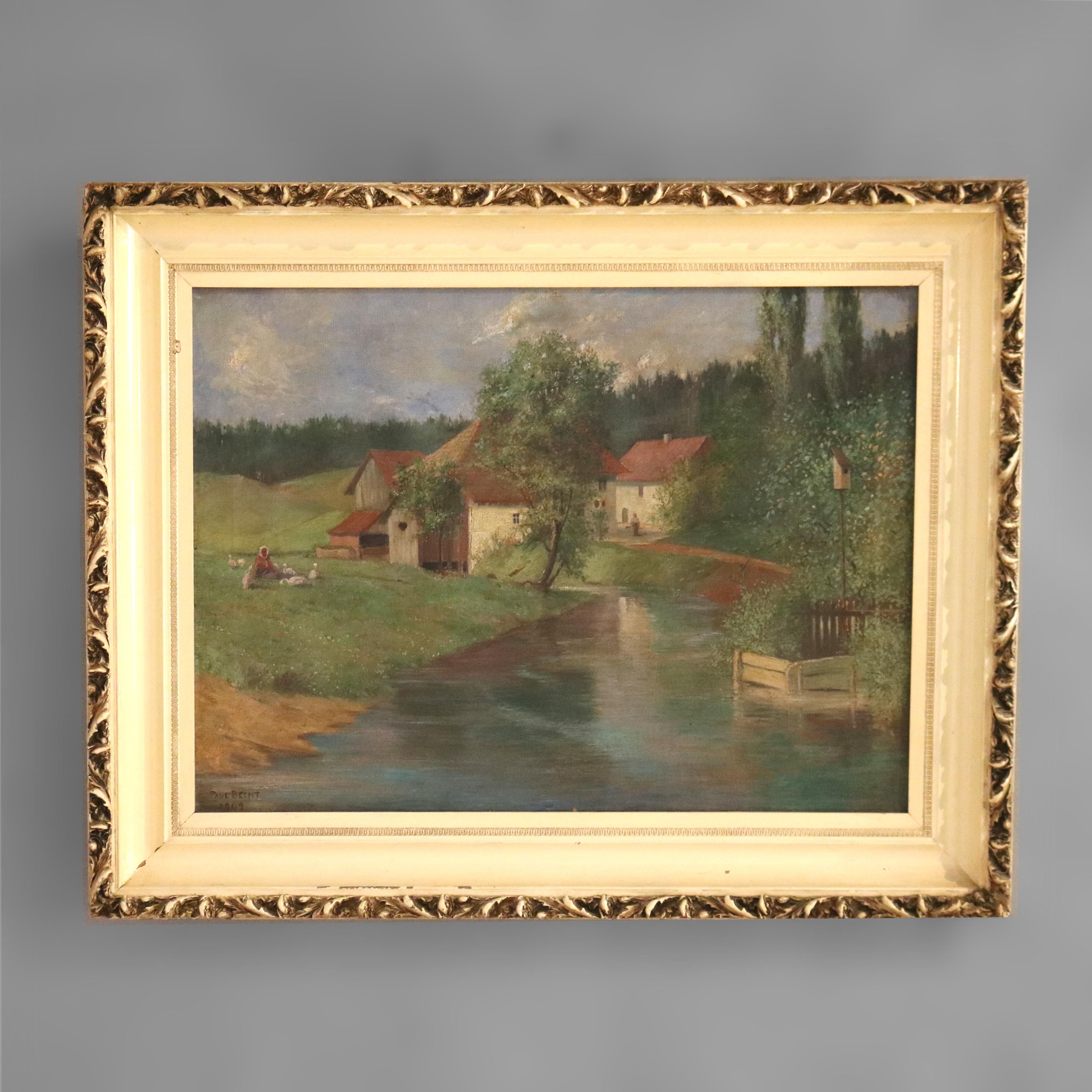 An antique painting by Brecht offers oil on canvas landscape farm scene with figures, ducks, structures and stream,; artist signed as photographed; seated in parcel gilt frame; circa 1907

Measures - 25.5
