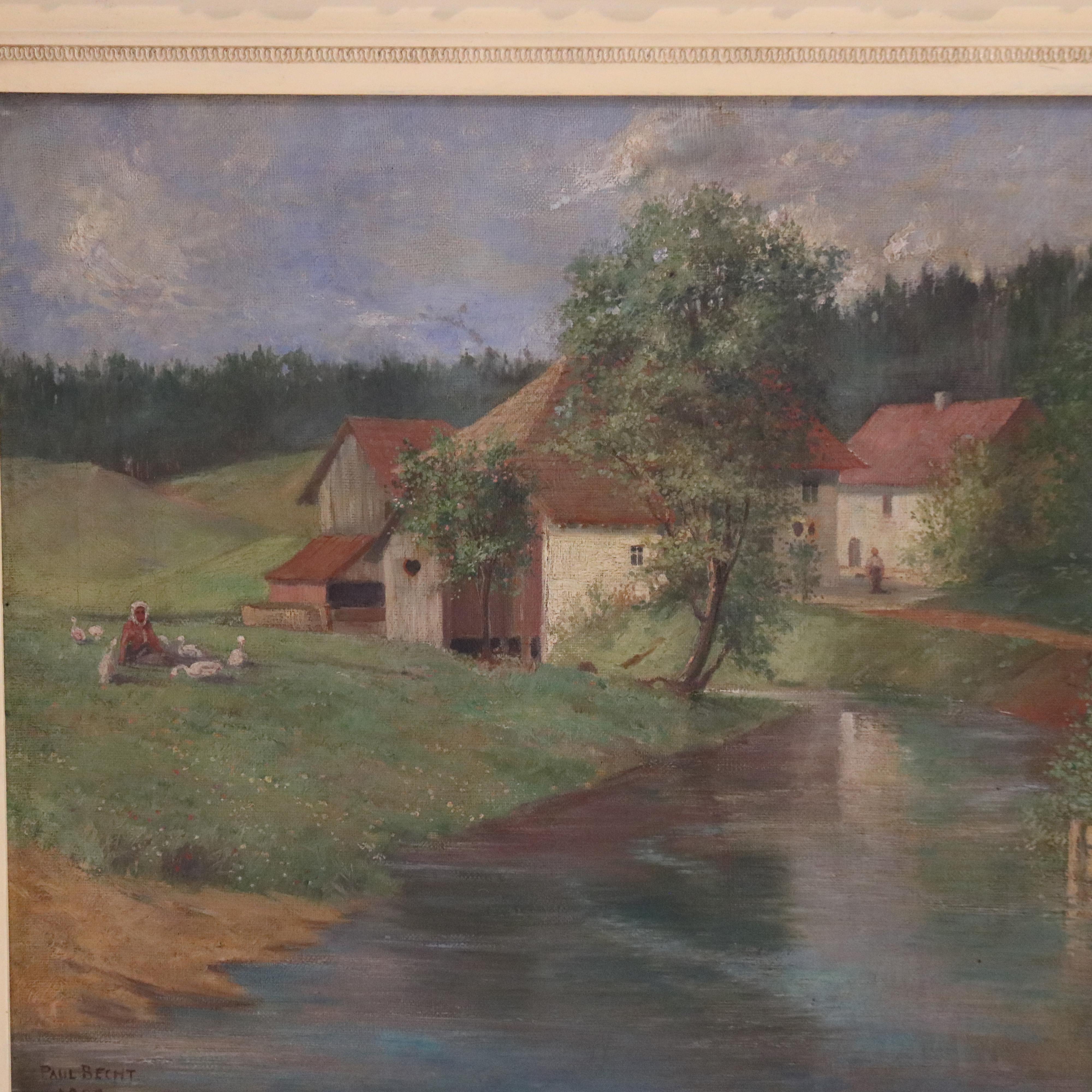 Painted Antique Oil on Canvas Landscape Painting, Farm Scene, Signed Brecht, 1907 For Sale