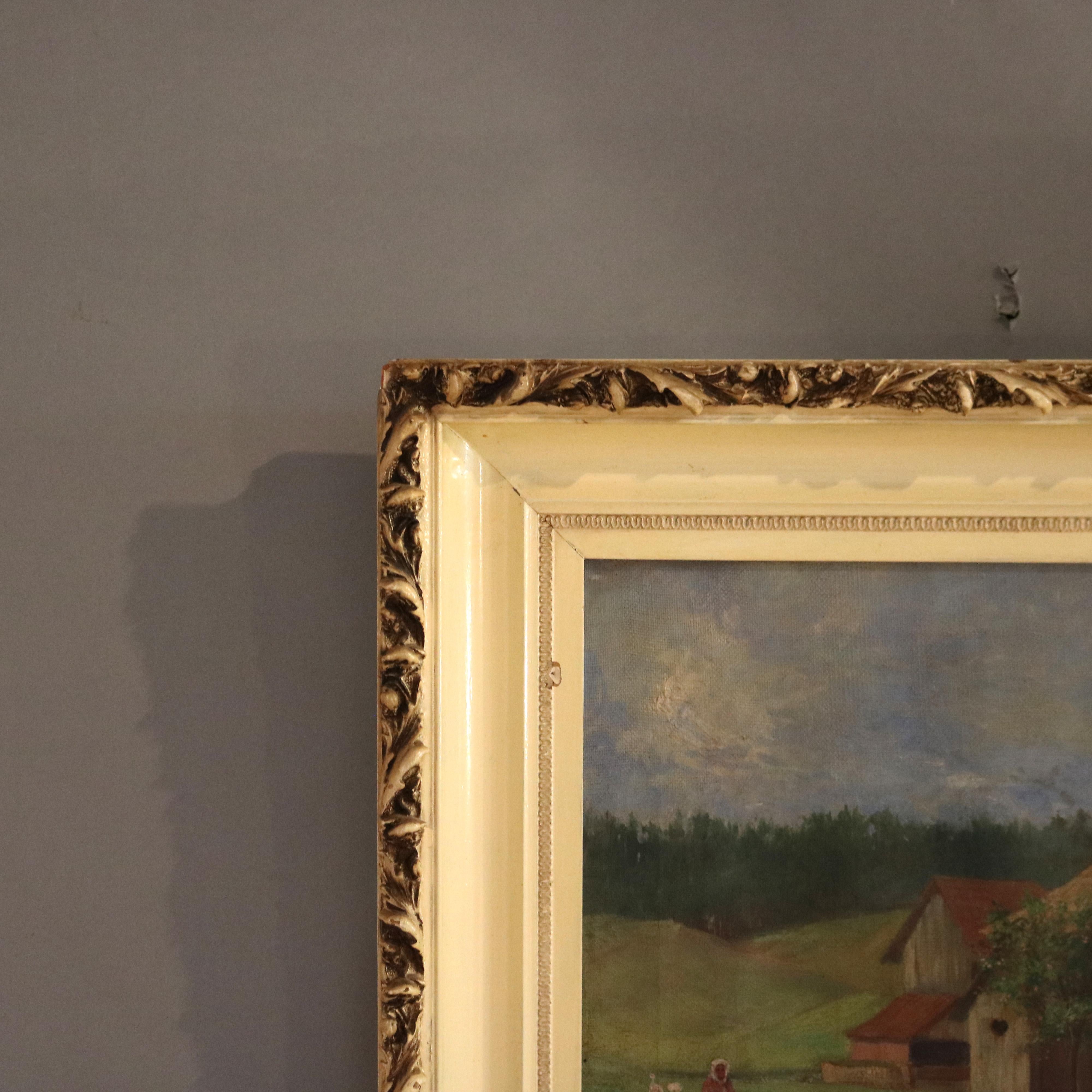 Antique Oil on Canvas Landscape Painting, Farm Scene, Signed Brecht, 1907 In Good Condition For Sale In Big Flats, NY