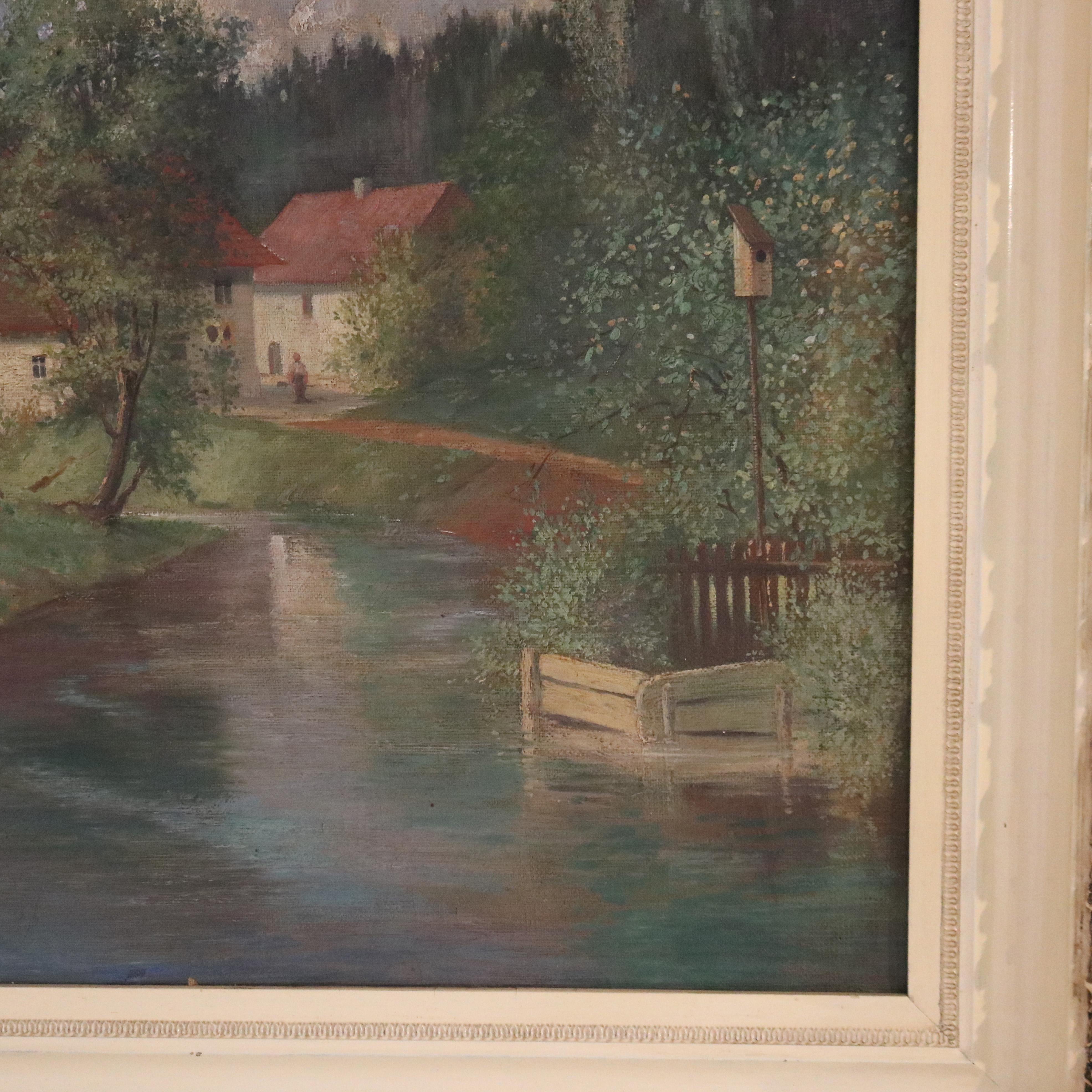 Antique Oil on Canvas Landscape Painting, Farm Scene, Signed Brecht, 1907 For Sale 2