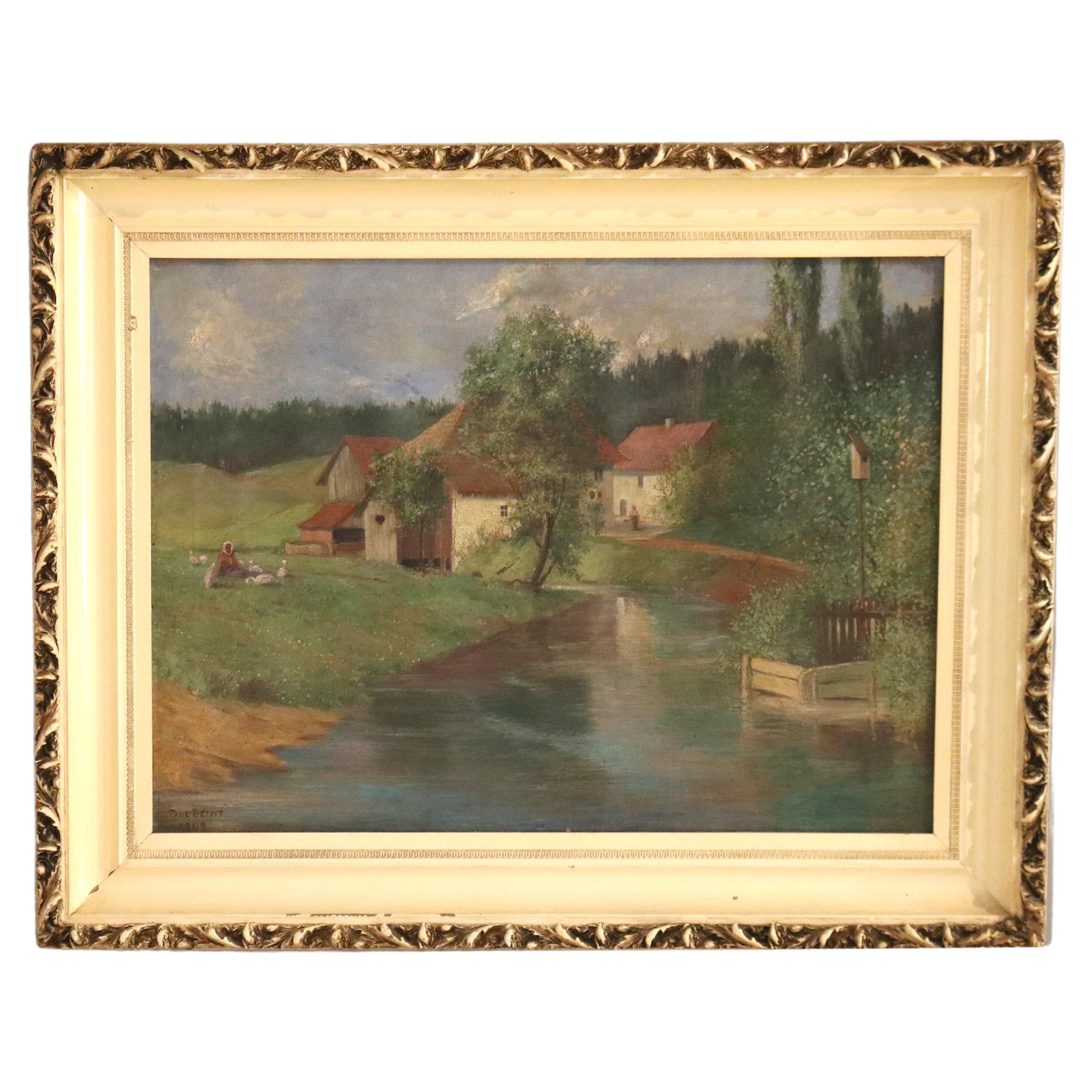 Ancienne peinture de paysage sur toile, scène de ferme, signée Brecht, 1907