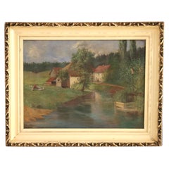 Antique Oil on Canvas Landscape Painting, Farm Scene, Signed Brecht, 1907