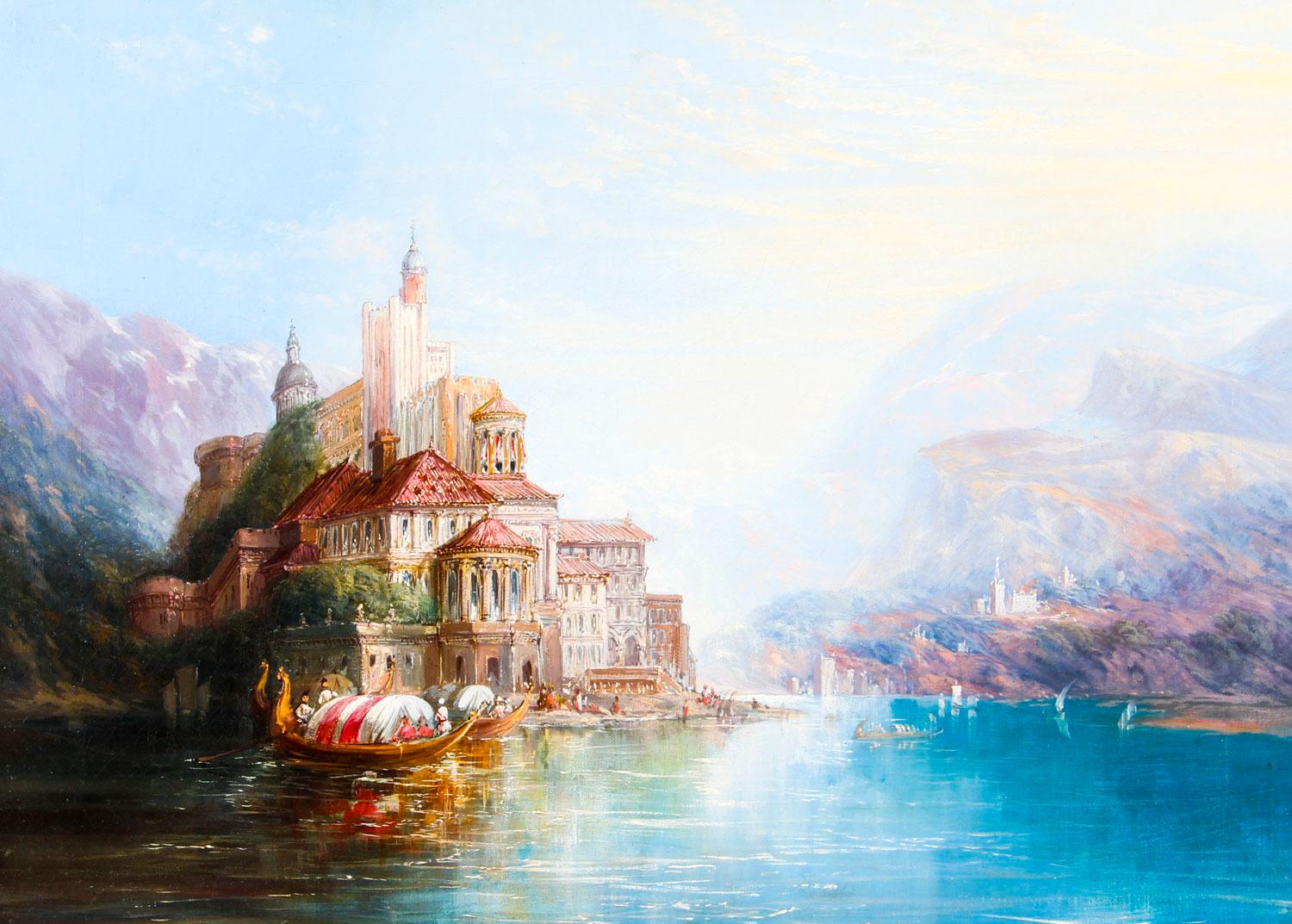 This is a truly splendid antique oil on canvas painting featuring a continental mountainous lakeside scene with a palace, by a follower of the celebrated British artist Alfred Pollentine (1836-1890), and dating from the last quarter of the 19th