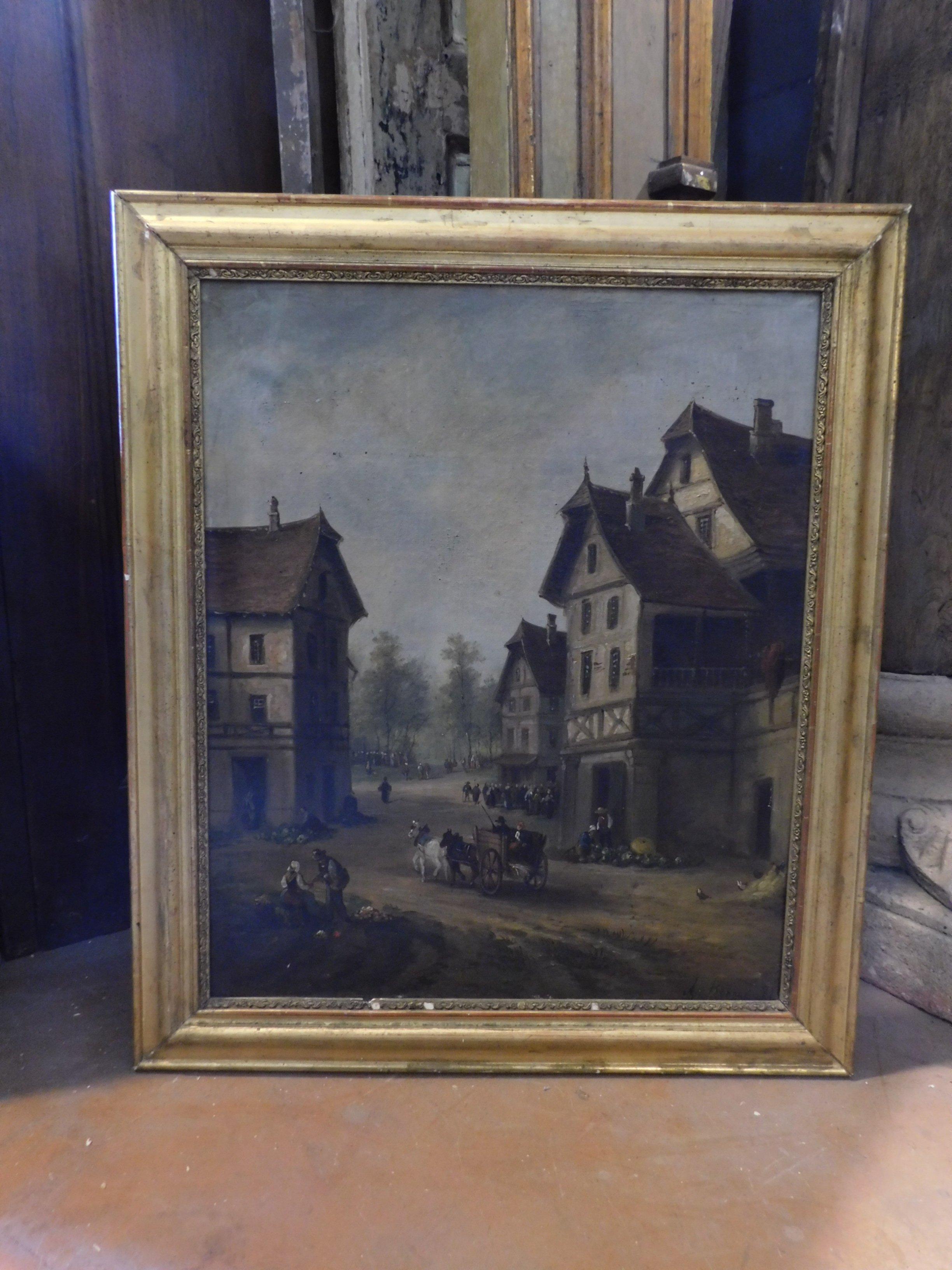 Ancient oil painting on canvas, depicting a typical landscape, with houses of the time, peasant territory with daily life scene, still has an original gilded coeval frame, produced in the late 1800s in Italy by an unknown Italian artist.

Measure