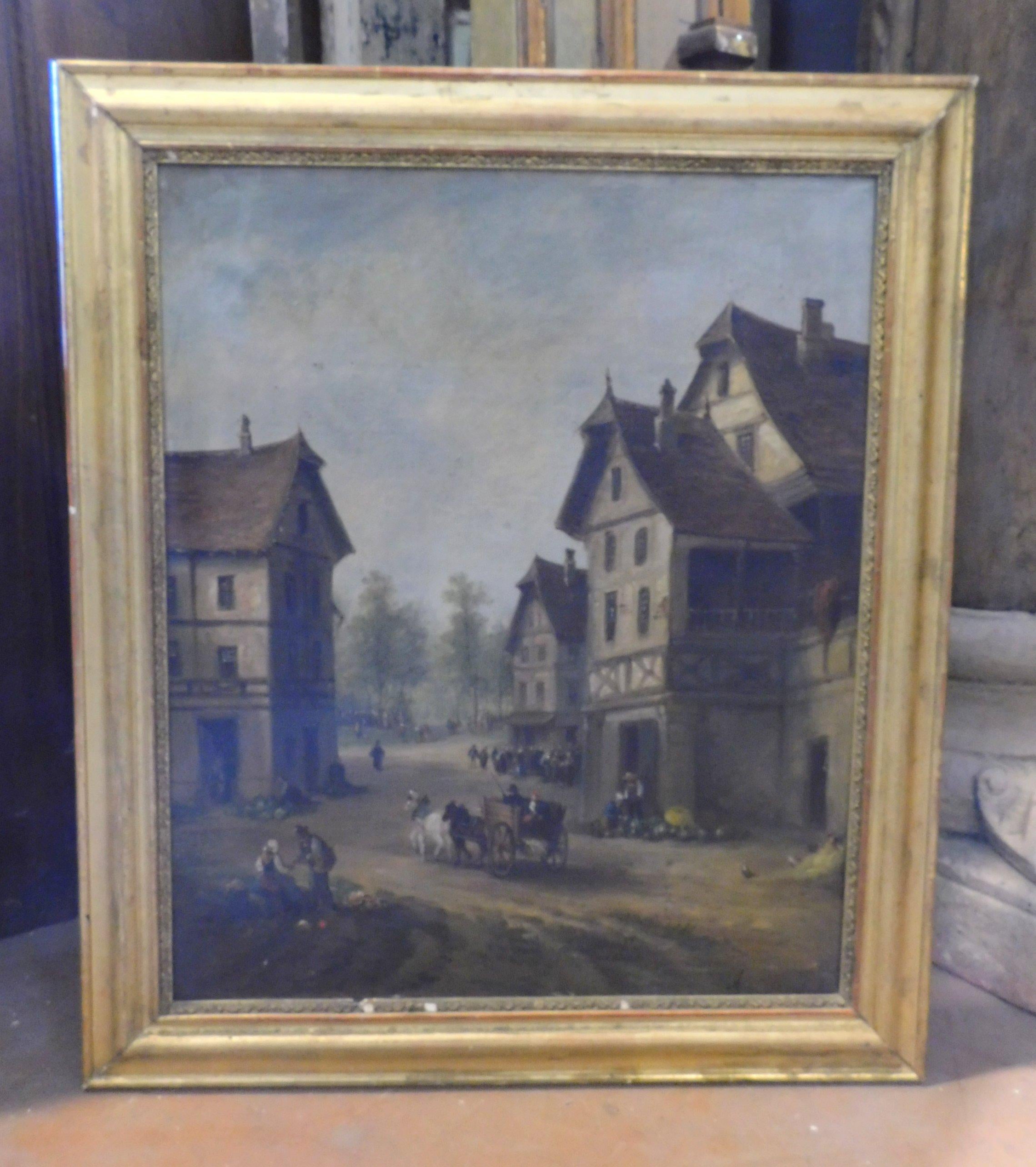 Italian Antique Oil on Canvas Landscape Painting, Gilded Coeval Frame, Late 1800 Italy
