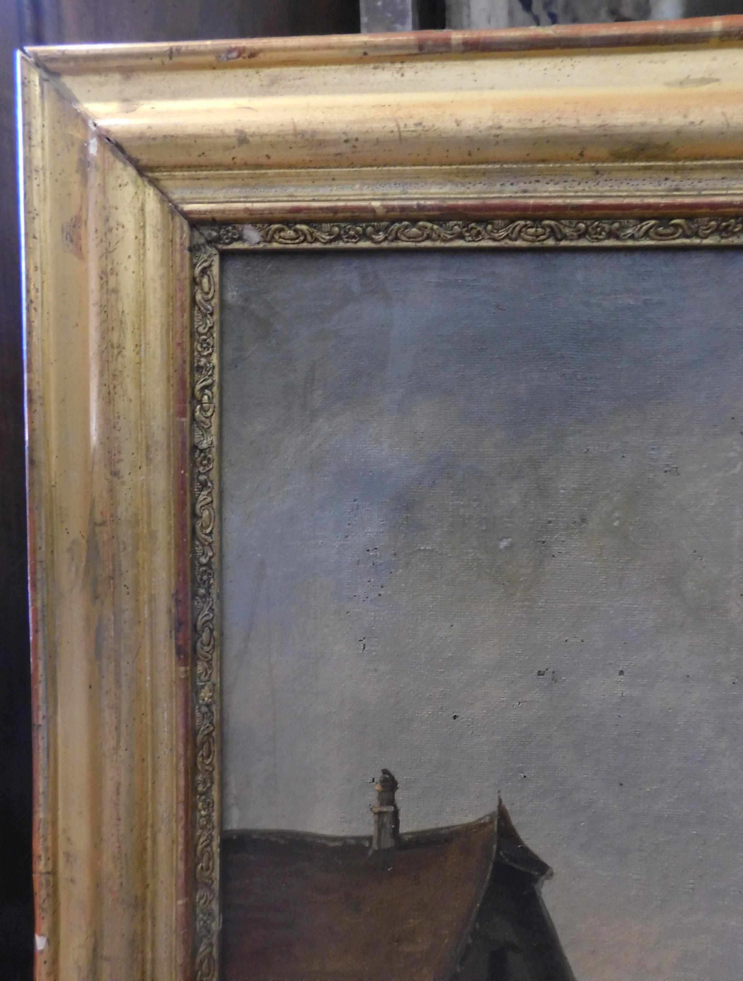 Antique Oil on Canvas Landscape Painting, Gilded Coeval Frame, Late 1800 Italy 1