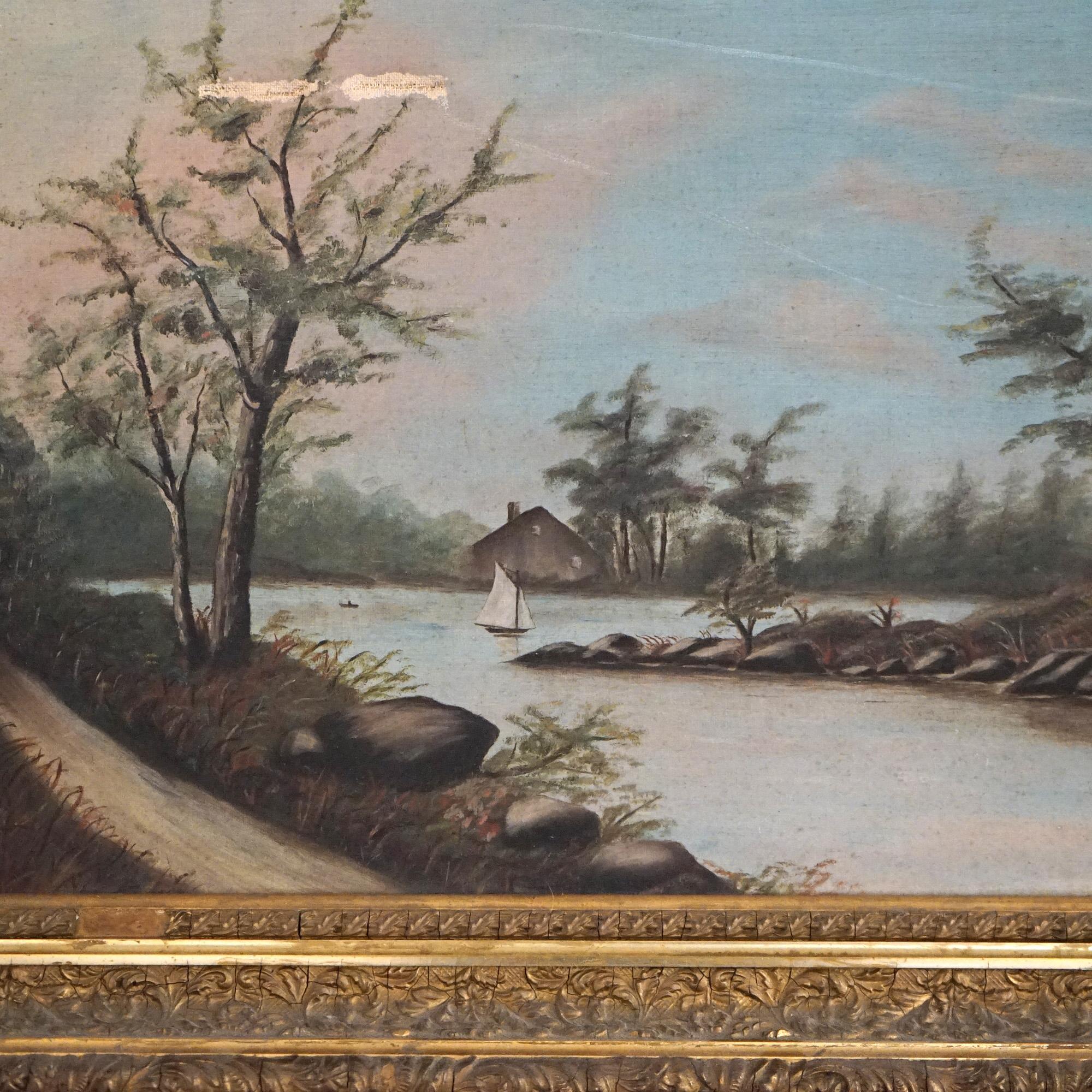 Antique Oil on Canvas Landscape Painting, Mountain Lake Scene with Country Road, Giltwood Framed, C1890

Measures- 18.75''H x 24.75''W x 2.75''D