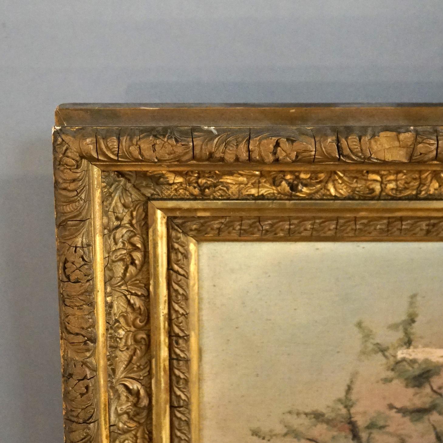 Hand-Painted Antique Oil on Canvas Landscape Painting, Mountain Lake Scene, Framed, C1890 For Sale