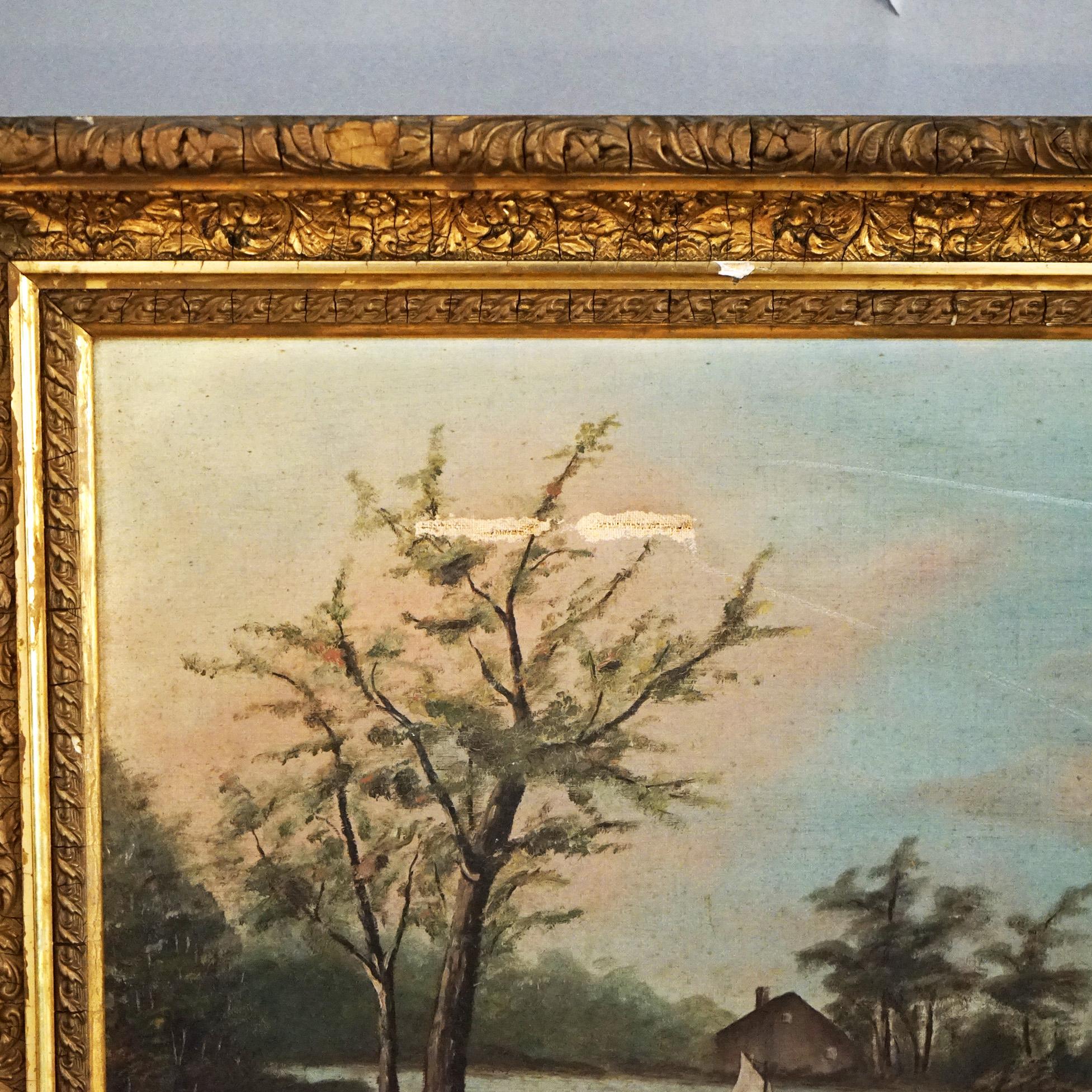 Antique Oil on Canvas Landscape Painting, Mountain Lake Scene, Framed, C1890 In Good Condition For Sale In Big Flats, NY
