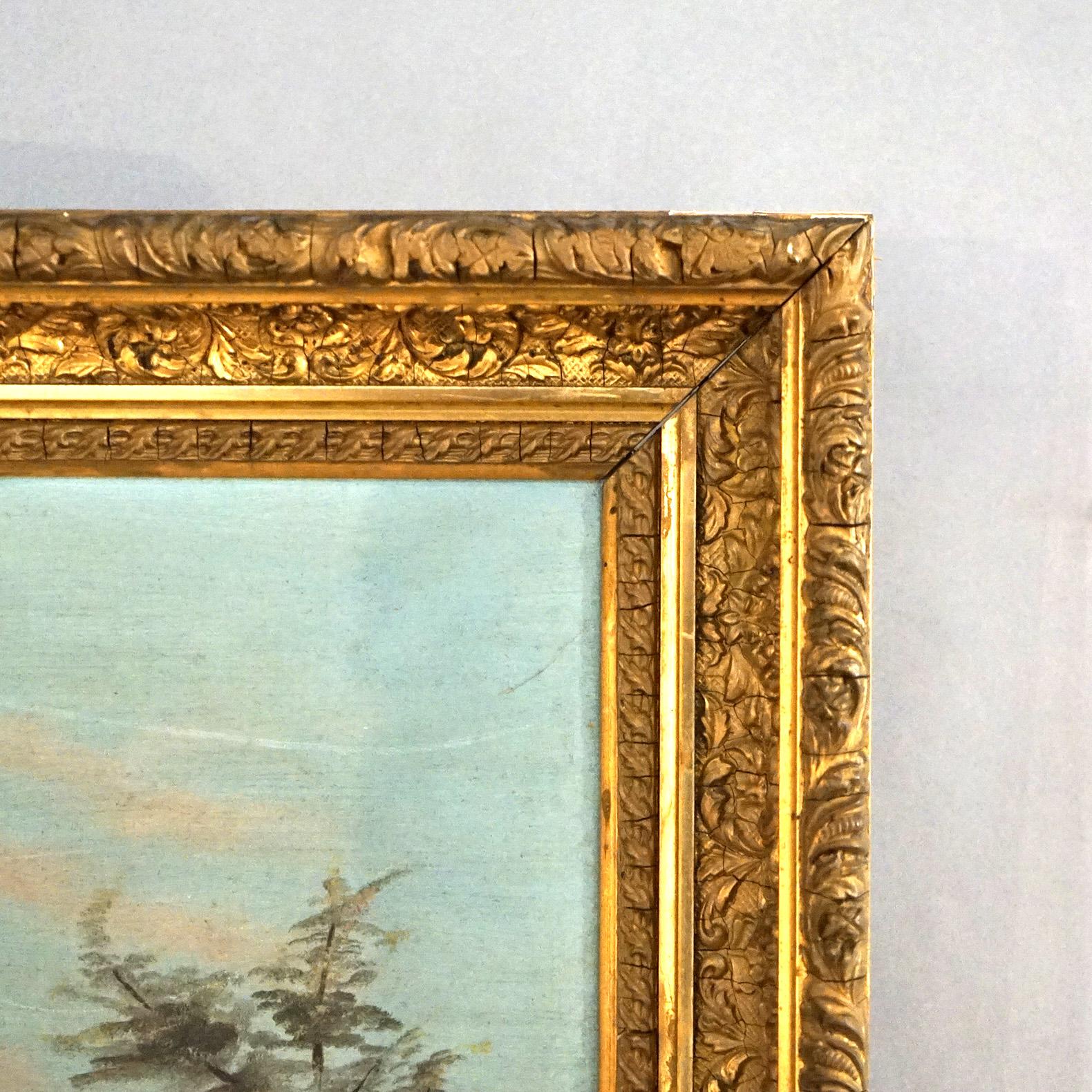 19th Century Antique Oil on Canvas Landscape Painting, Mountain Lake Scene, Framed, C1890 For Sale