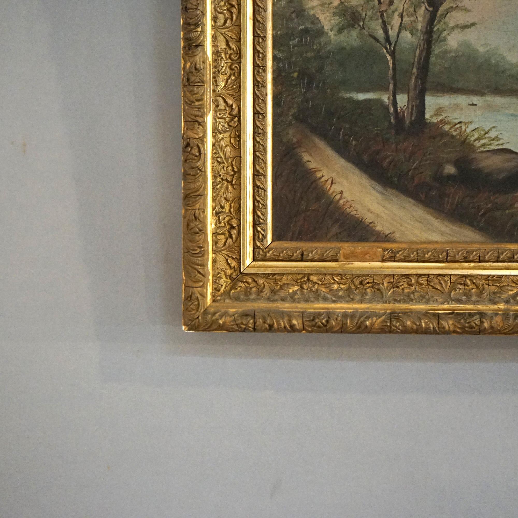 Antique Oil on Canvas Landscape Painting, Mountain Lake Scene, Framed, C1890 For Sale 1