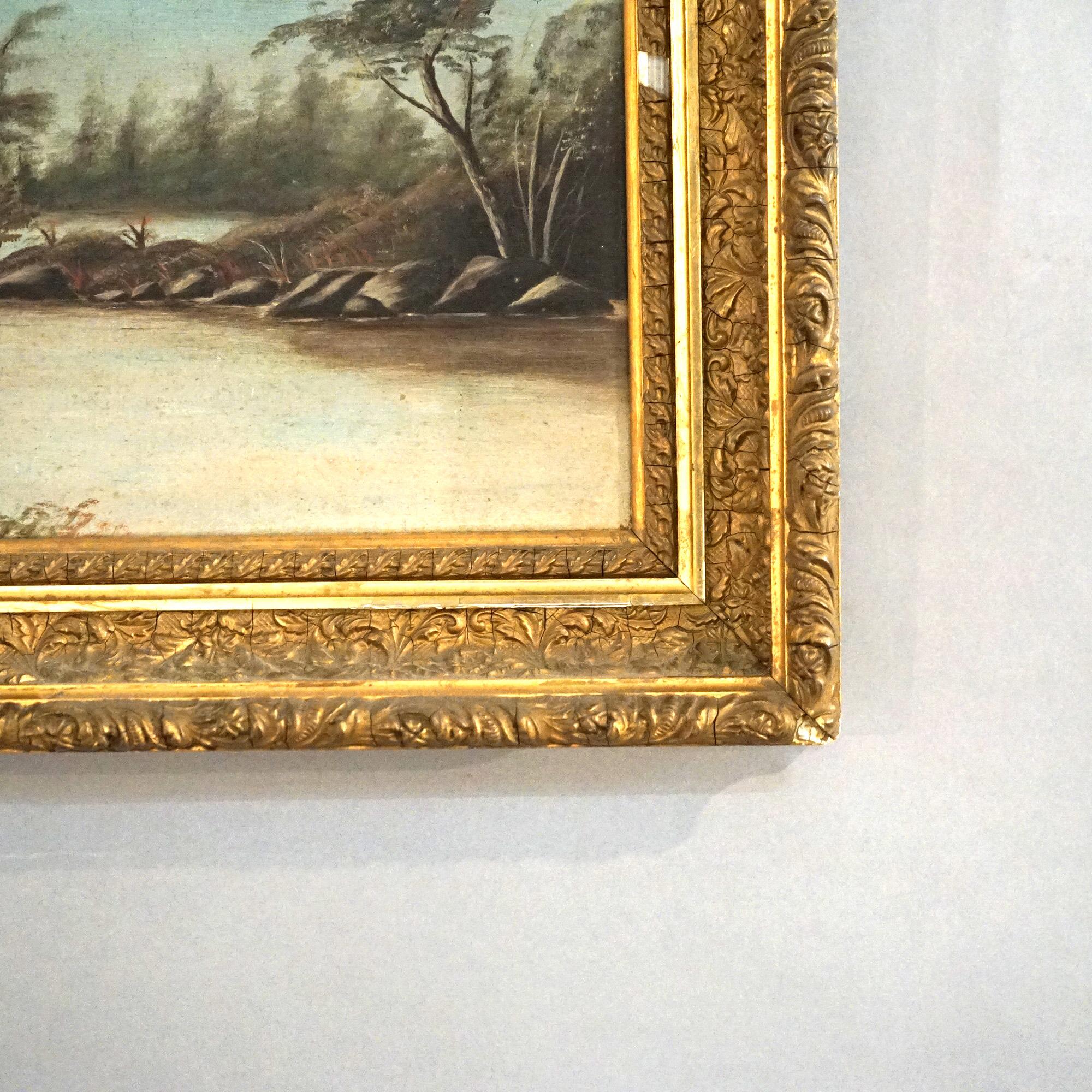Antique Oil on Canvas Landscape Painting, Mountain Lake Scene, Framed, C1890 For Sale 2