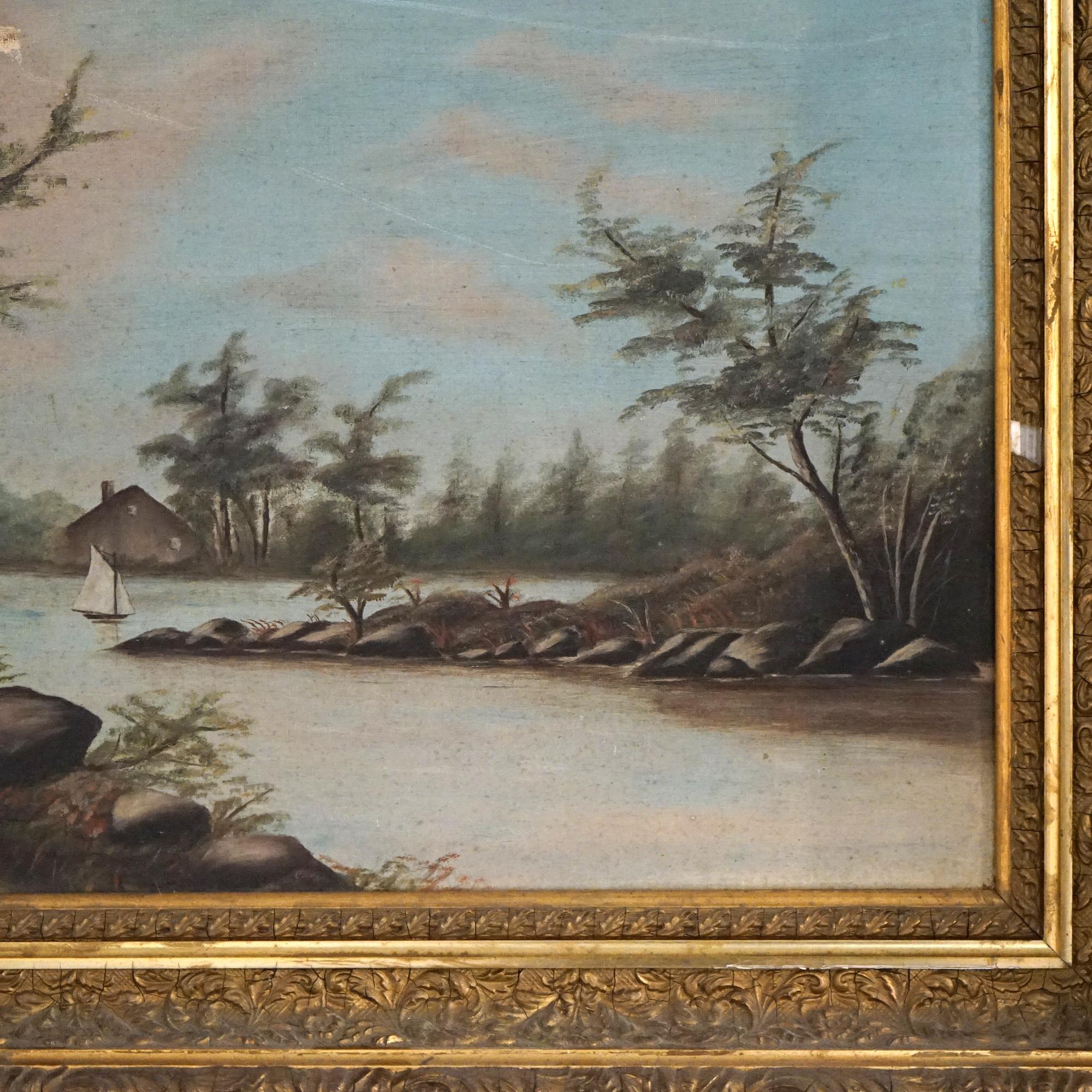 Antique Oil on Canvas Landscape Painting, Mountain Lake Scene, Framed, C1890 For Sale 3