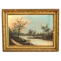 Pintura antigua al óleo sobre lienzo, paisaje de lago de montaña, enmarcada, C1890