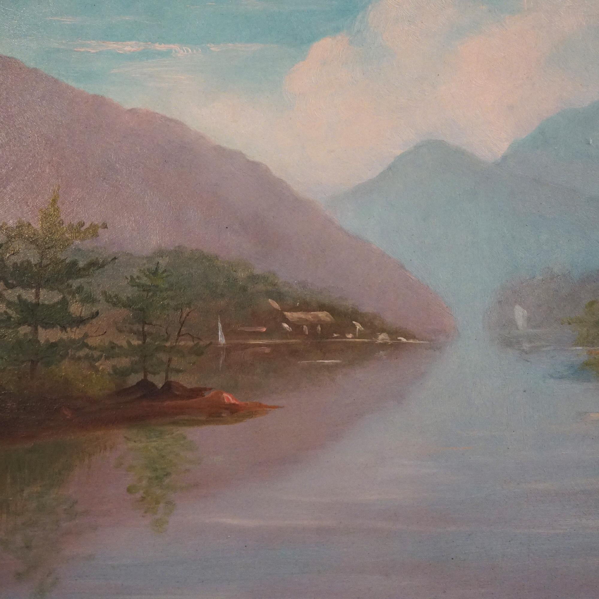 Antique Oil on Canvas Landscape Painting of a Mountain Lake Seated in Giltwood Frame, C1890

Measures- 24.25''H x 31.5''W x 3''D; 24'' x 17.5'' sight