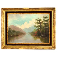 Pintura antigua al óleo sobre lienzo Paisaje de un lago de montaña C1890