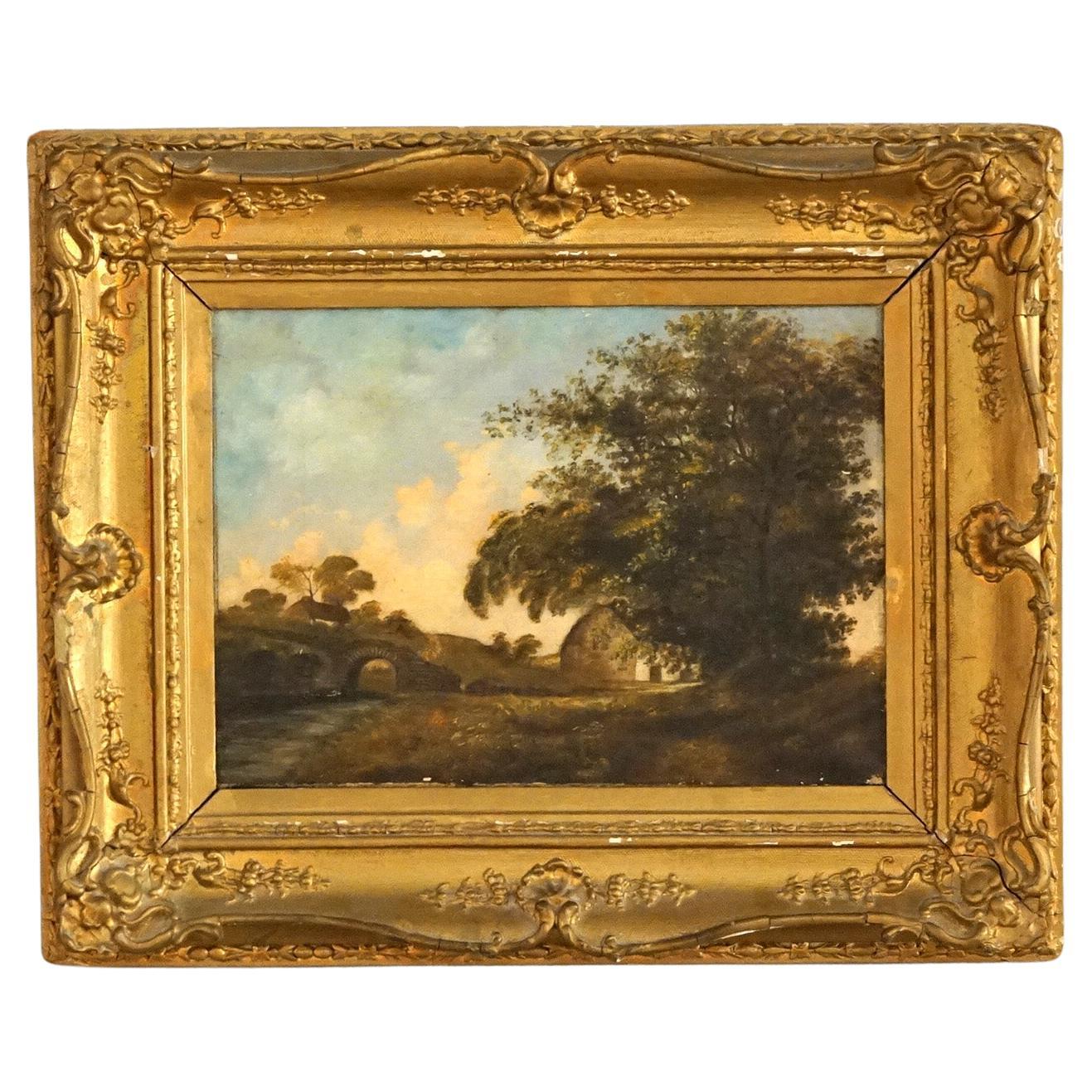 Antique Oil on Canvas Landscape Painting, Pastoral Farm Scene with Barn, C1890